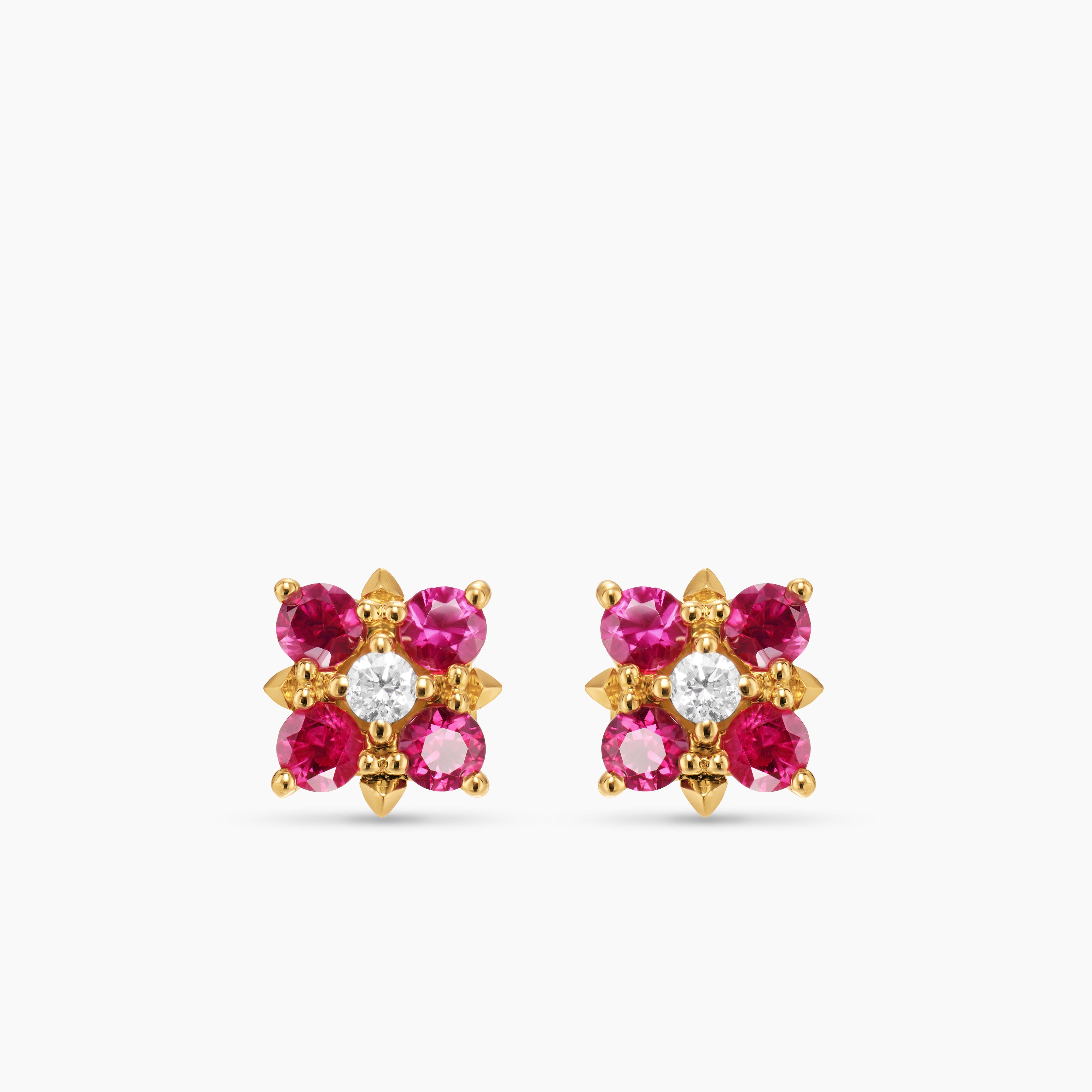 Womens Petite Modern Renaissance&reg; Color Stud Earrings in 18K Yellow Gold with Rubies and Diamonds, 8.7mm