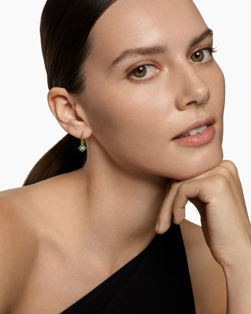 Womens Petite Modern Renaissance® Color Drop Earrings in 18K Yellow Gold with Emerald and Diamonds, 18mm