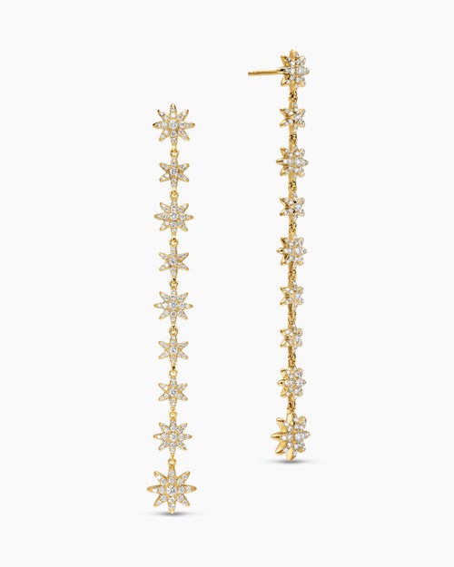 Womens Starburst Drop Earrings in 18K Yellow Gold with Diamonds, 70.9mm