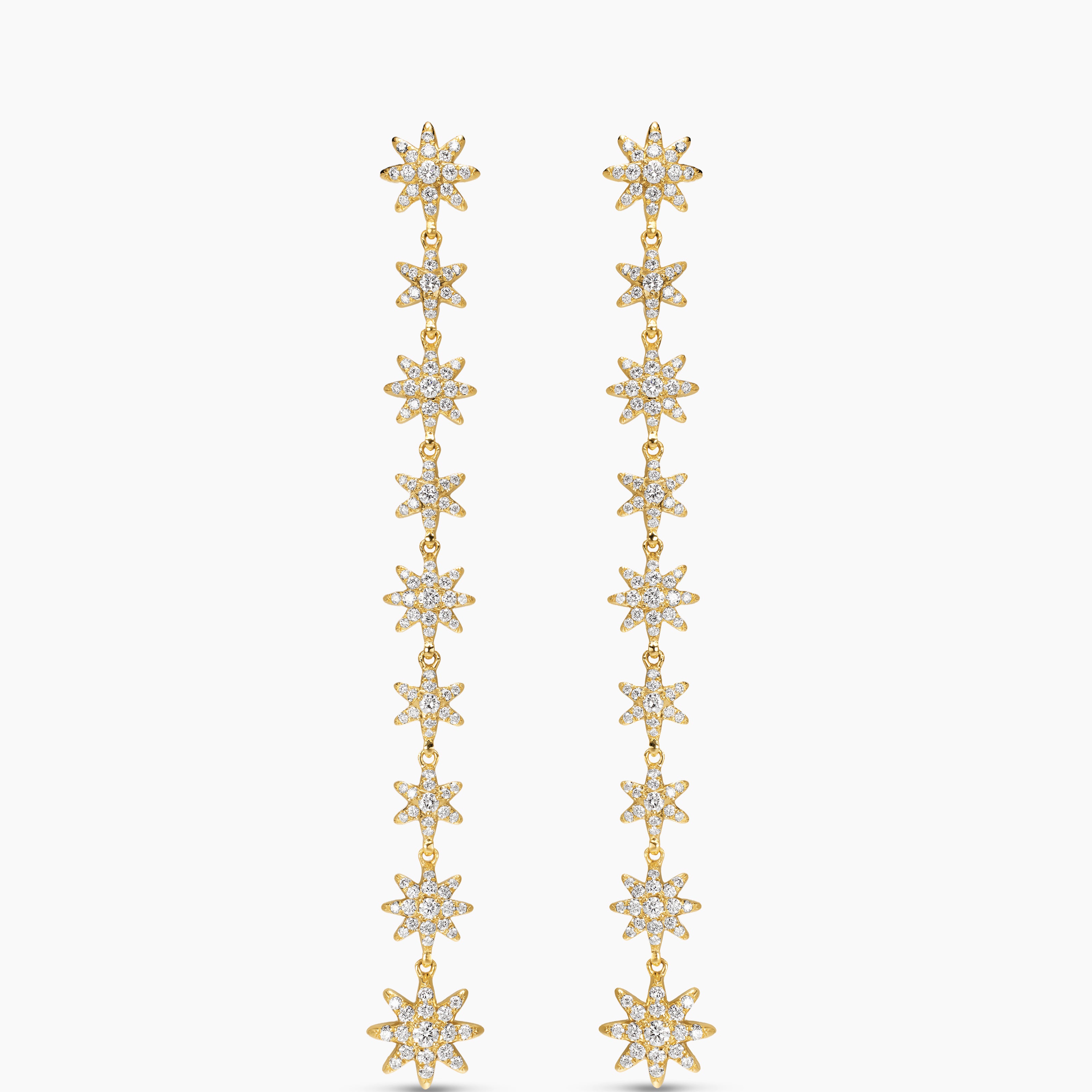Womens Starburst Drop Earrings in 18K Yellow Gold with Diamonds, 70.9mm