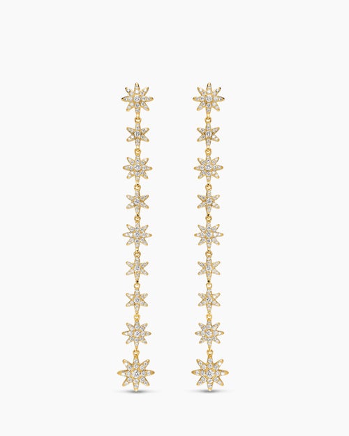 Womens Starburst Drop Earrings in 18K Yellow Gold with Diamonds, 70.9mm