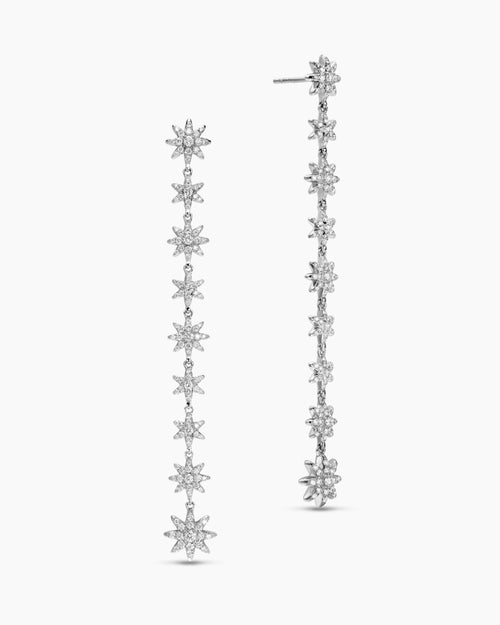 Womens Starburst Drop Earrings in 18K White Gold with Diamonds, 70.9mm