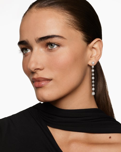 Womens Starburst Drop Earrings in 18K White Gold with Diamonds, 70.9mm