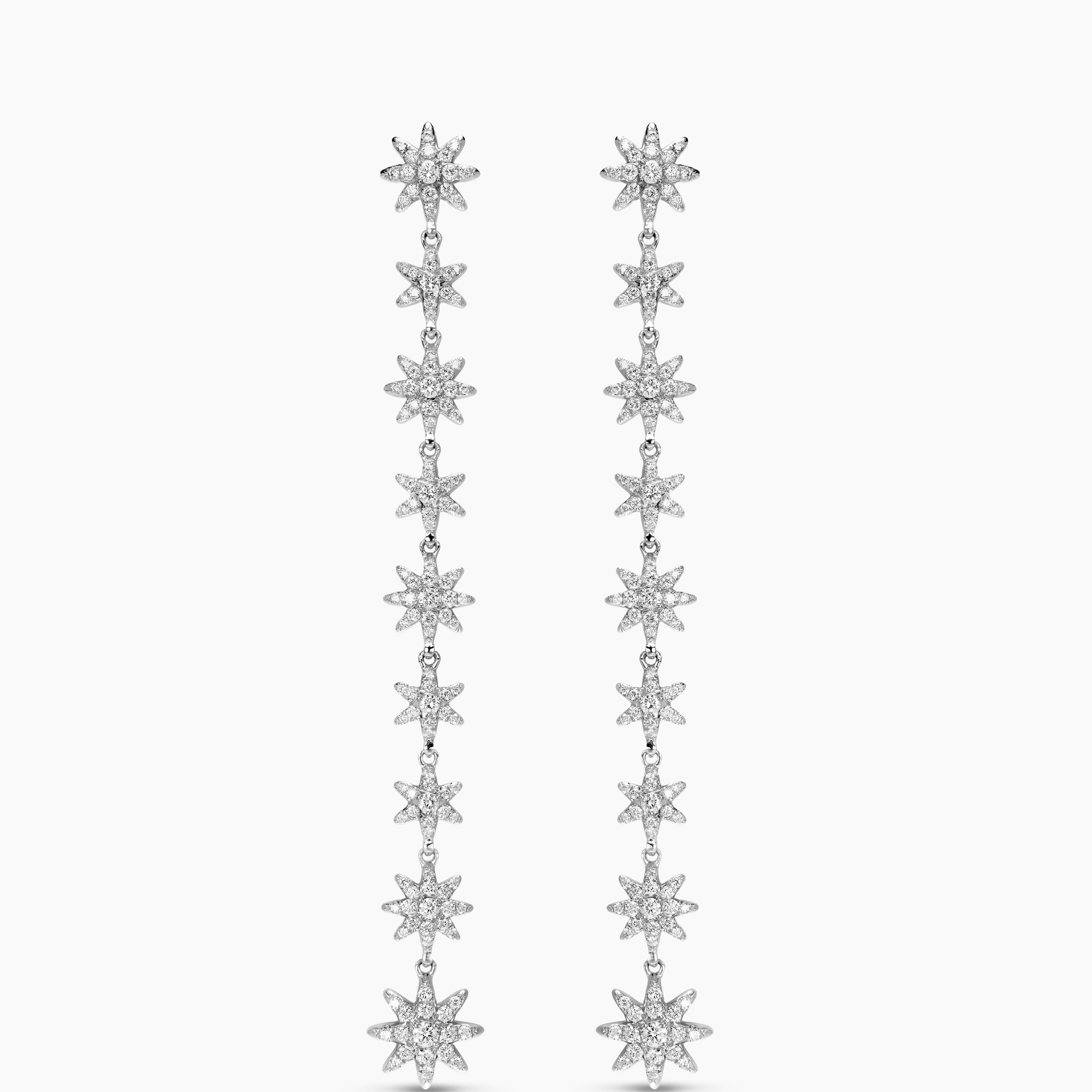 Womens Starburst Drop Earrings in 18K White Gold with Diamonds, 70.9mm
