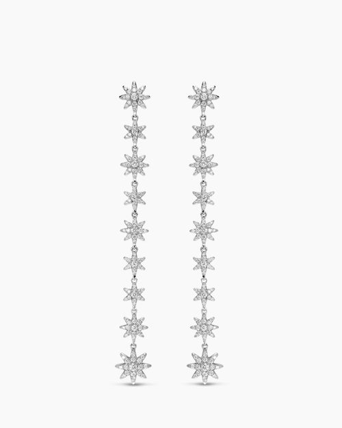 Womens Starburst Drop Earrings in 18K White Gold with Diamonds, 70.9mm