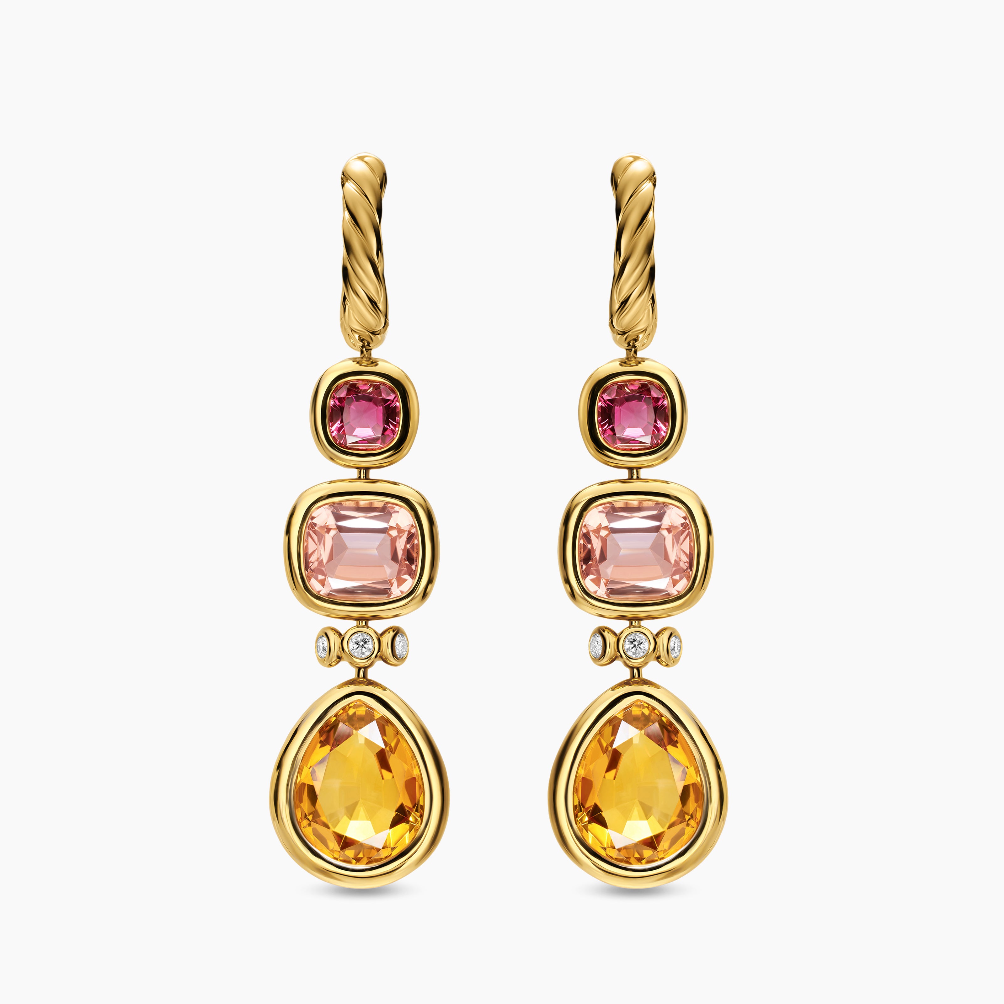 Womens DY Mercer&reg; Statement Stone Drop Earrings in 18K Yellow Gold with Citrine, Morganite, Pink Tourmalines and Diamonds, 52mm