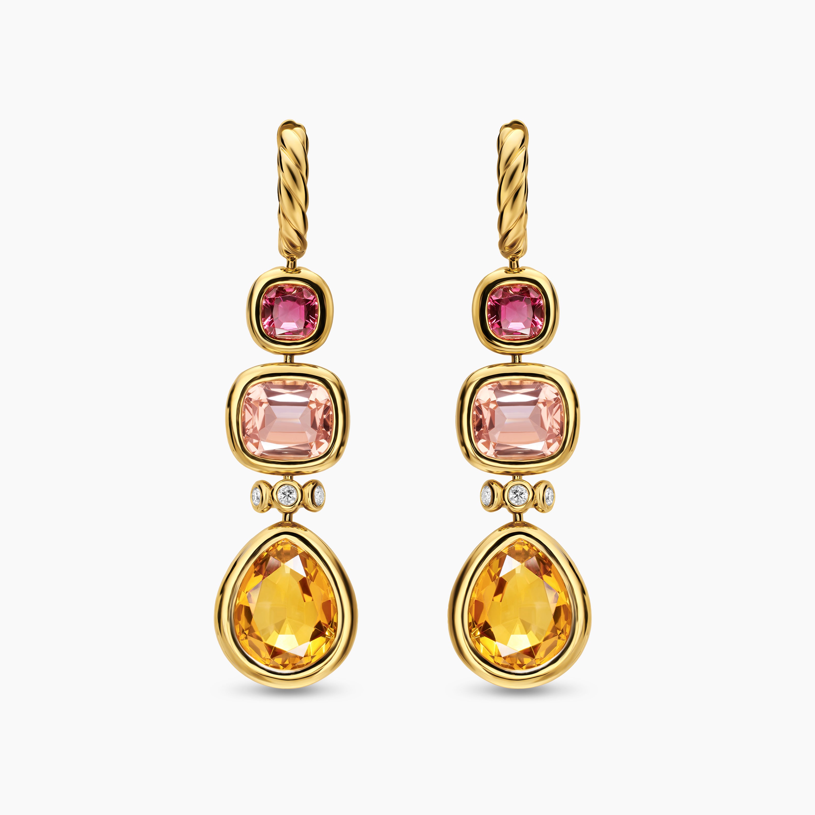 Womens DY Mercer&reg; Statement Stone Drop Earrings in 18K Yellow Gold with Citrine, Morganite, Pink Tourmalines and Diamonds, 52mm