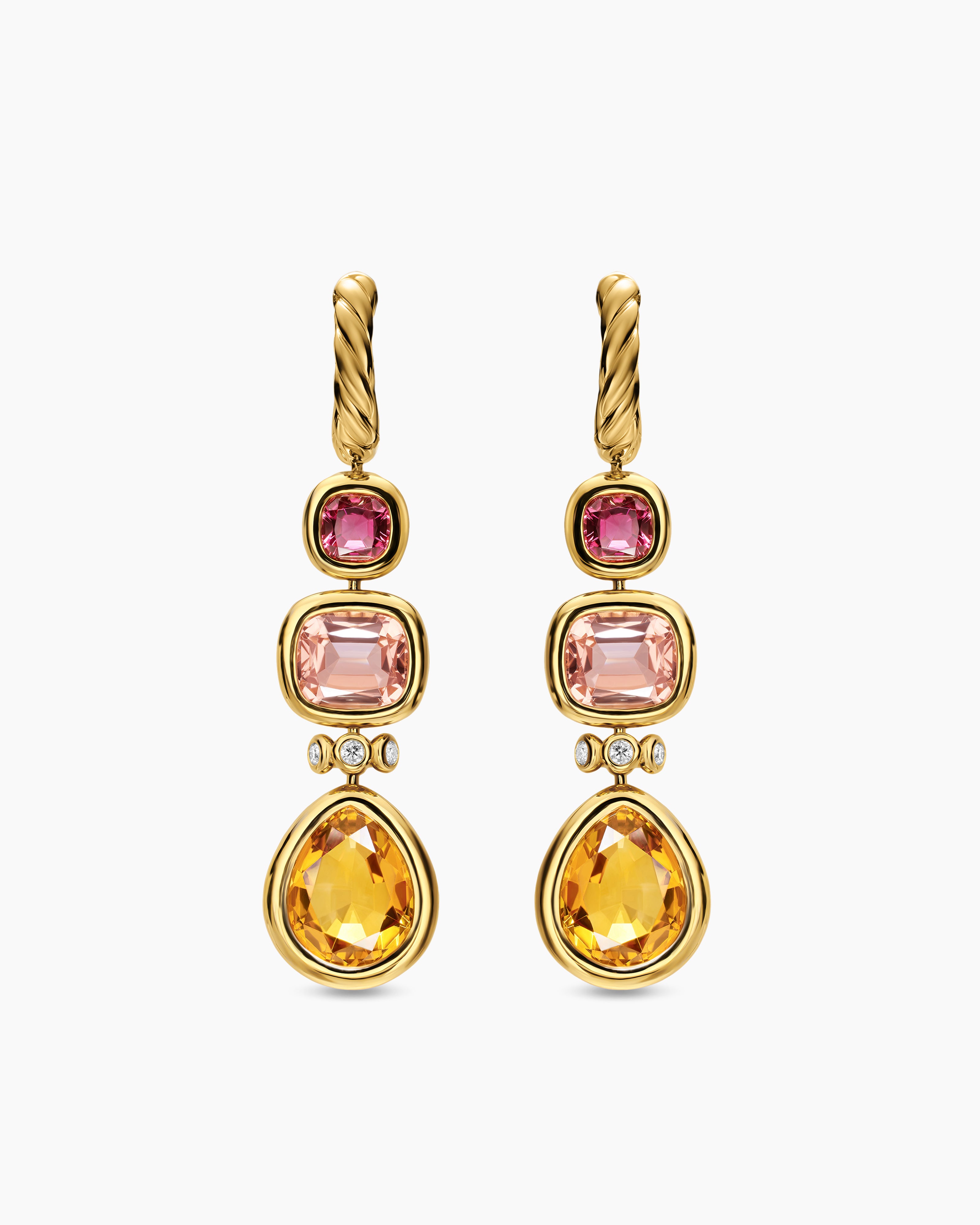 Womens DY Mercer&reg; Statement Stone Drop Earrings in 18K Yellow Gold with Citrine, Morganite, Pink Tourmalines and Diamonds, 52mm