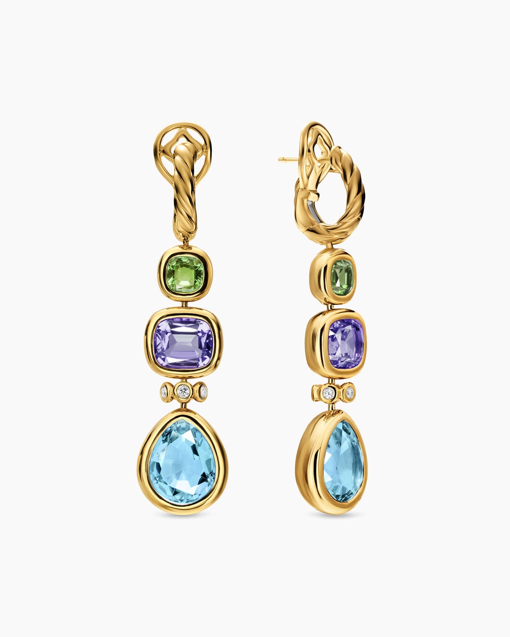 Womens DY Mercer® Statement Stone Drop Earrings in 18K Yellow Gold with Sky Blue Topaz, Iolite, Green Tourmalines and Diamonds, 52mm