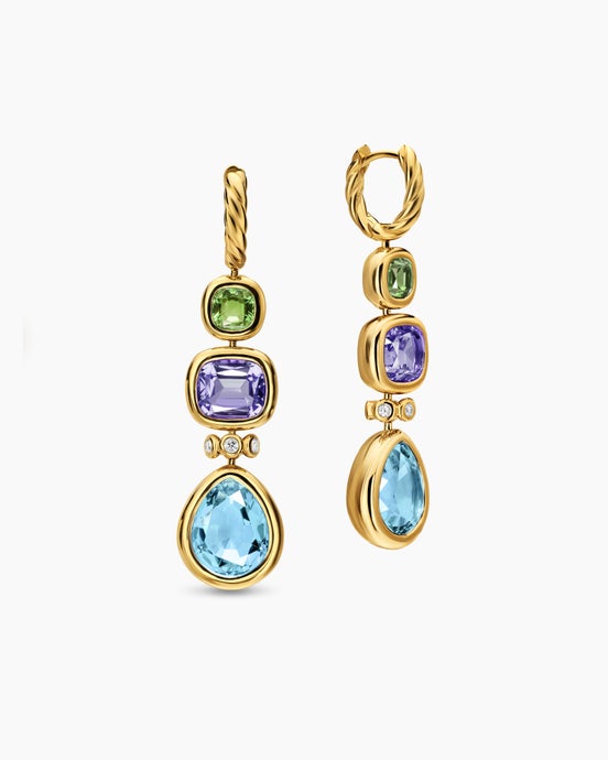 DY Mercer® Statement Stone Drop Earrings in 18ct Yellow Gold with Sky Blue Topaz, Iolite, Green Tourmalines and Diamonds, 52mm