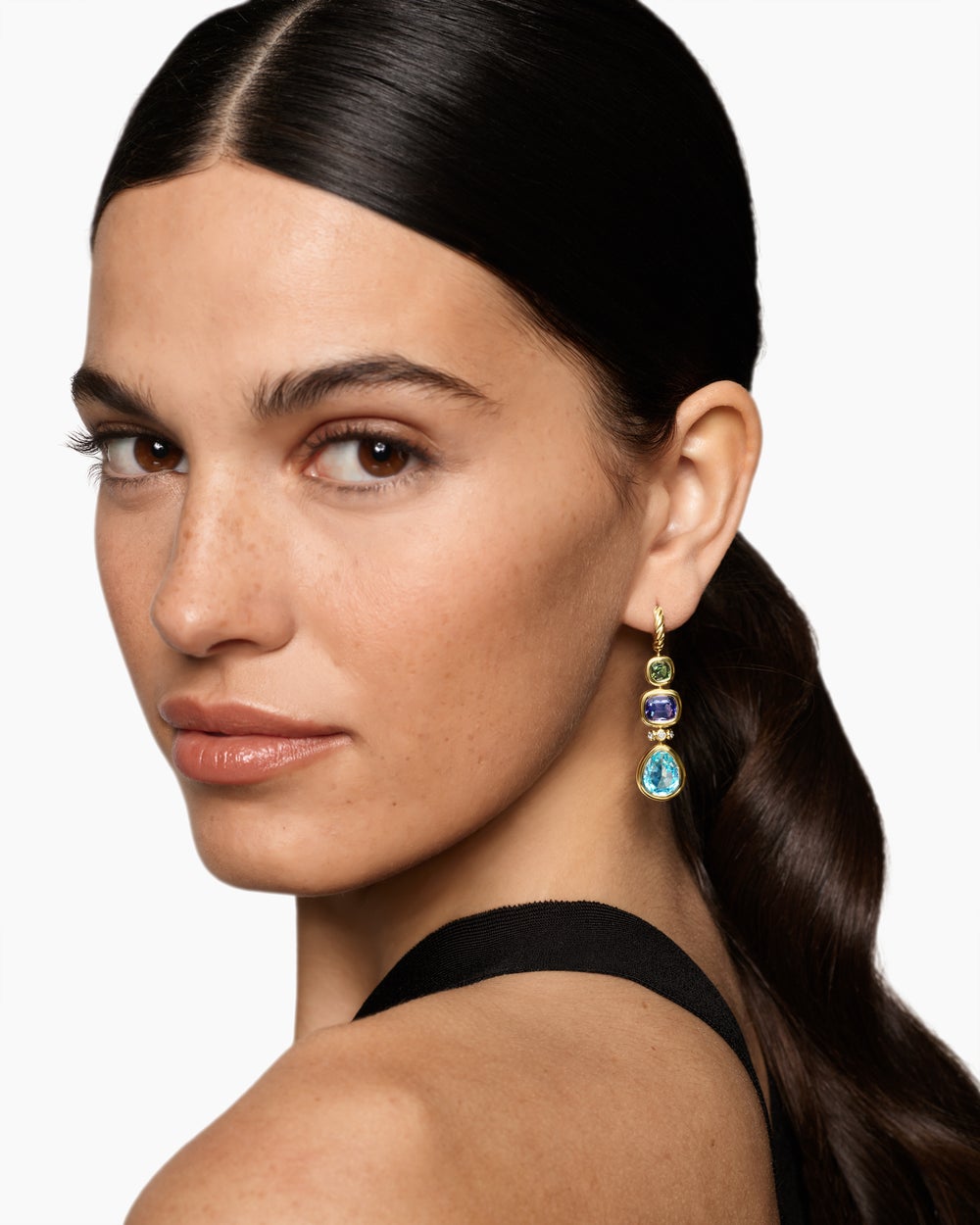 Womens DY Mercer® Statement Stone Drop Earrings in 18K Yellow Gold with Sky Blue Topaz, Iolite, Green Tourmalines and Diamonds, 52mm