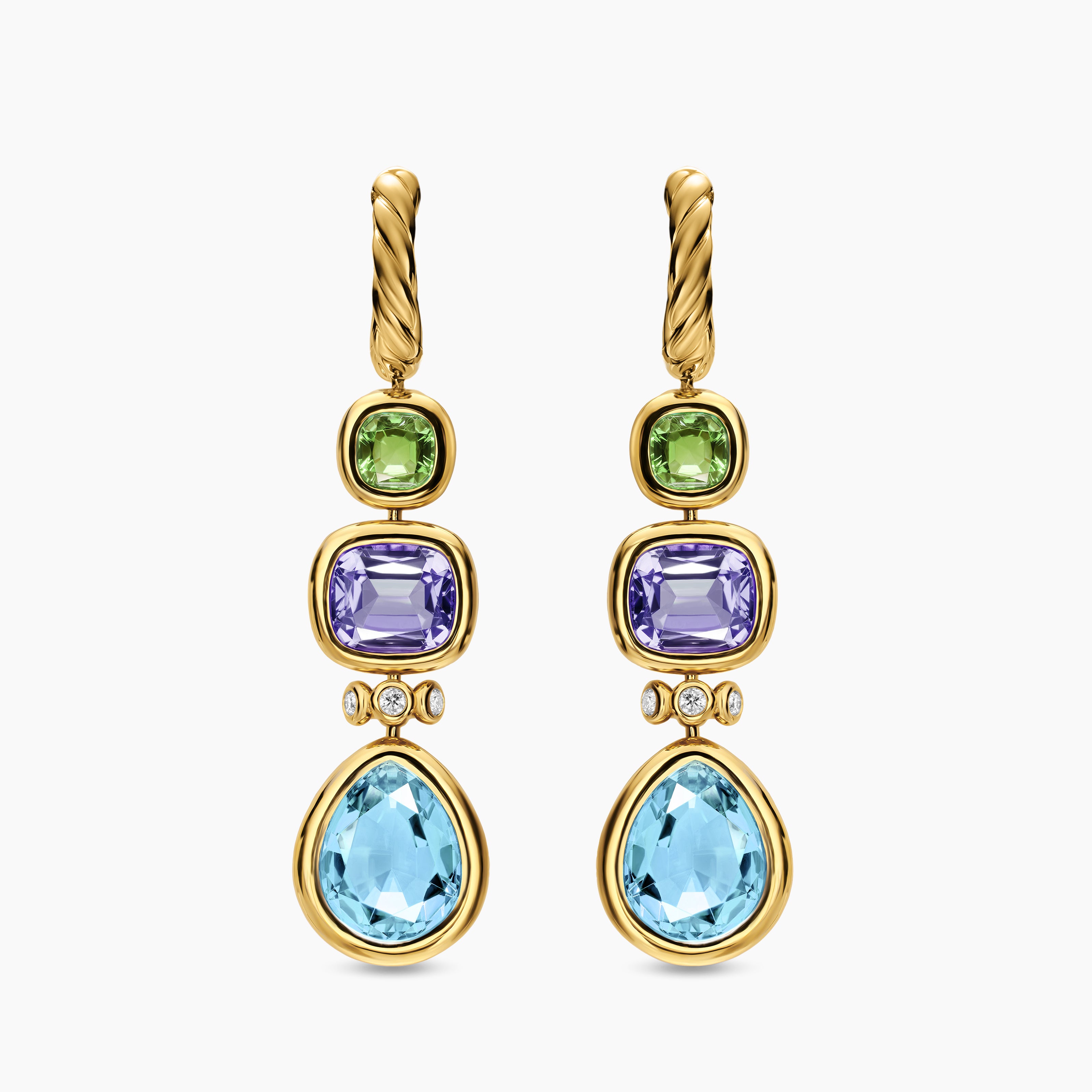 Womens DY Mercer&reg; Statement Stone Drop Earrings in 18K Yellow Gold with Sky Blue Topaz, Iolite, Green Tourmalines and Diamonds, 52mm