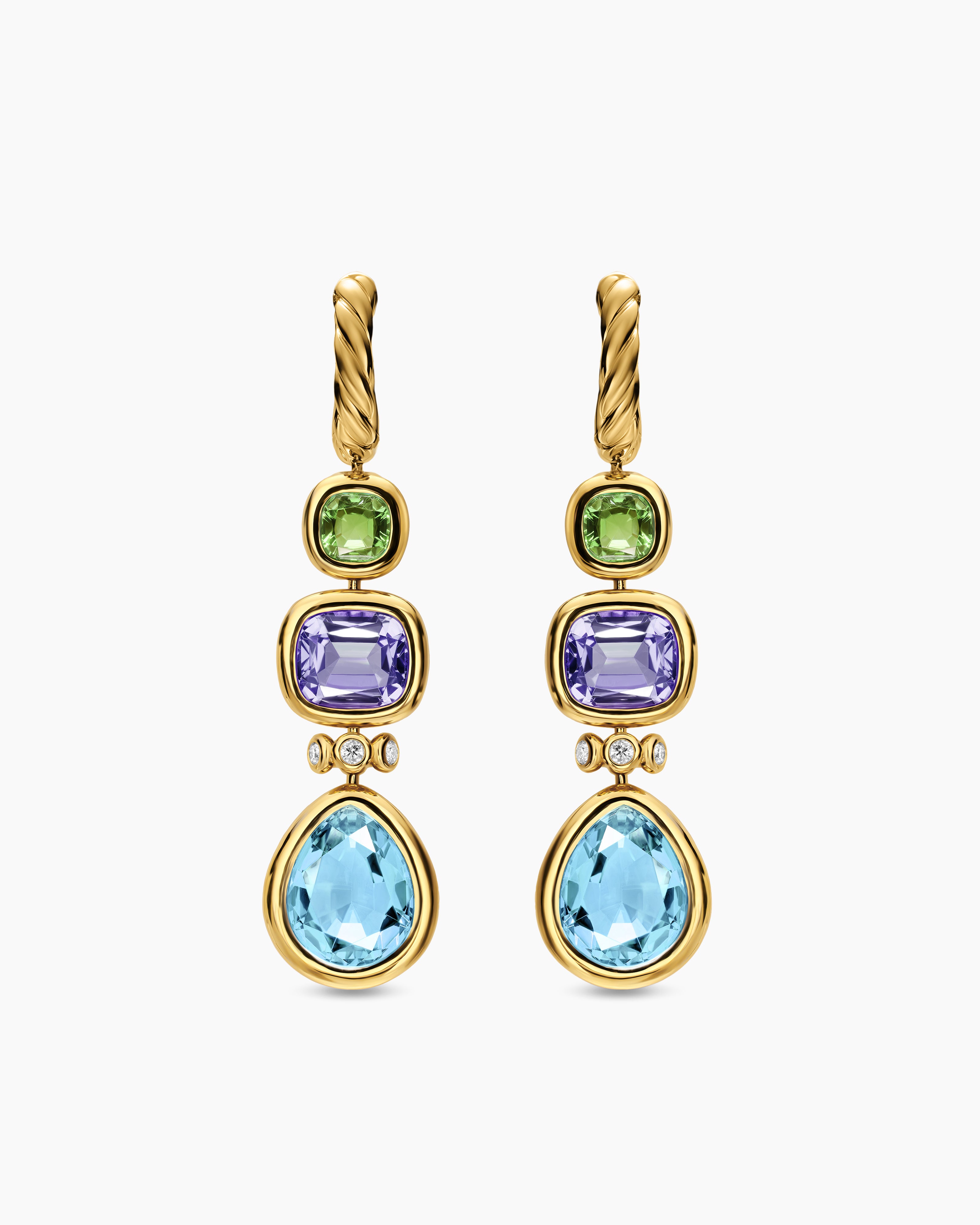 Womens DY Mercer&reg; Statement Stone Drop Earrings in 18K Yellow Gold with Sky Blue Topaz, Iolite, Green Tourmalines and Diamonds, 52mm