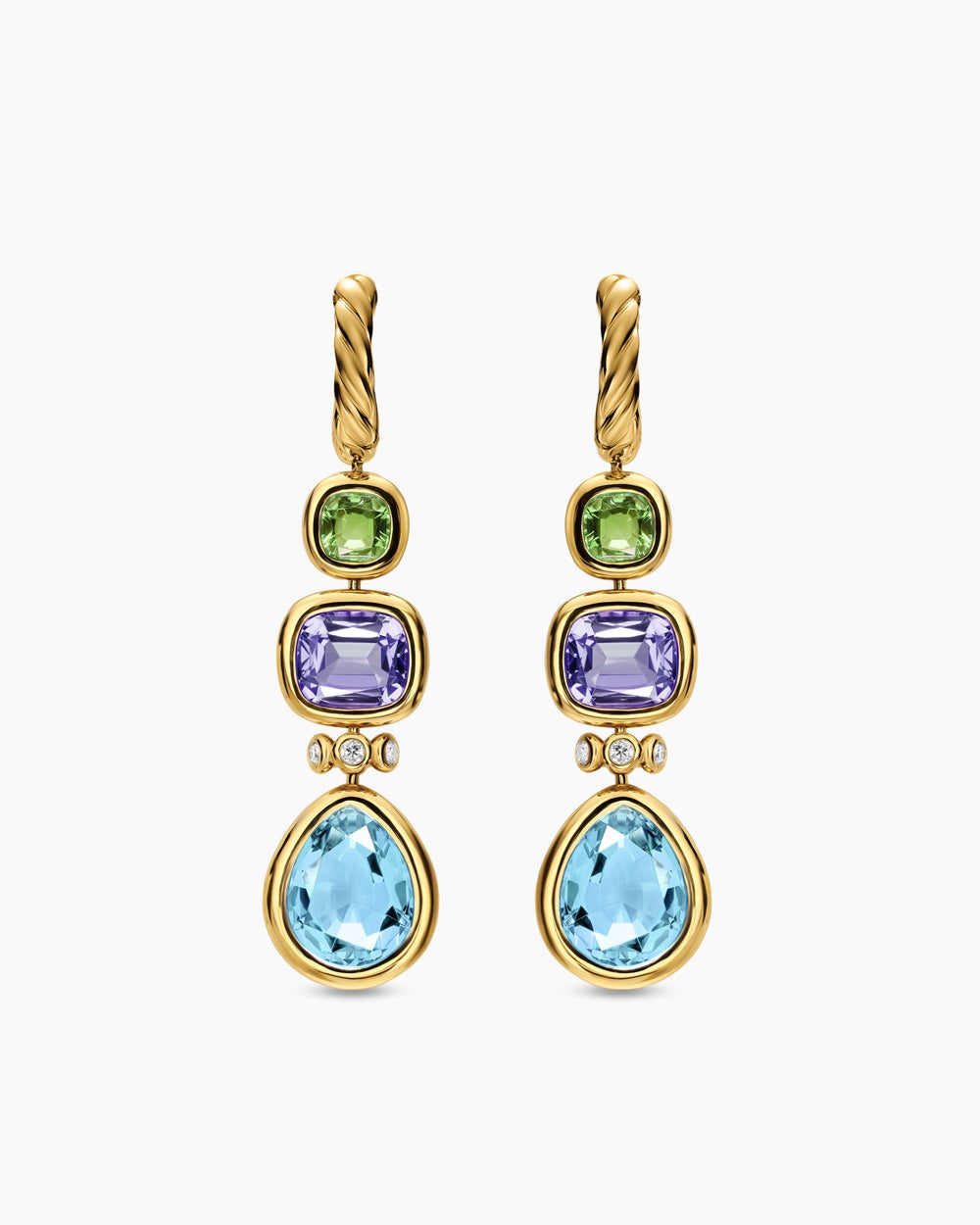 Womens DY Mercer® Statement Stone Drop Earrings in 18K Yellow Gold with Sky Blue Topaz, Iolite, Green Tourmalines and Diamonds, 52mm