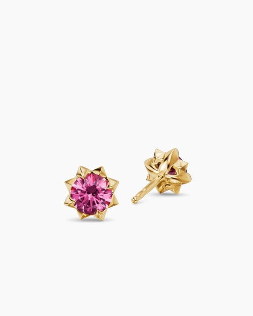 Womens Petite Pavé Stud Earrings in 18K Yellow Gold with Pink Sapphires, 5mm