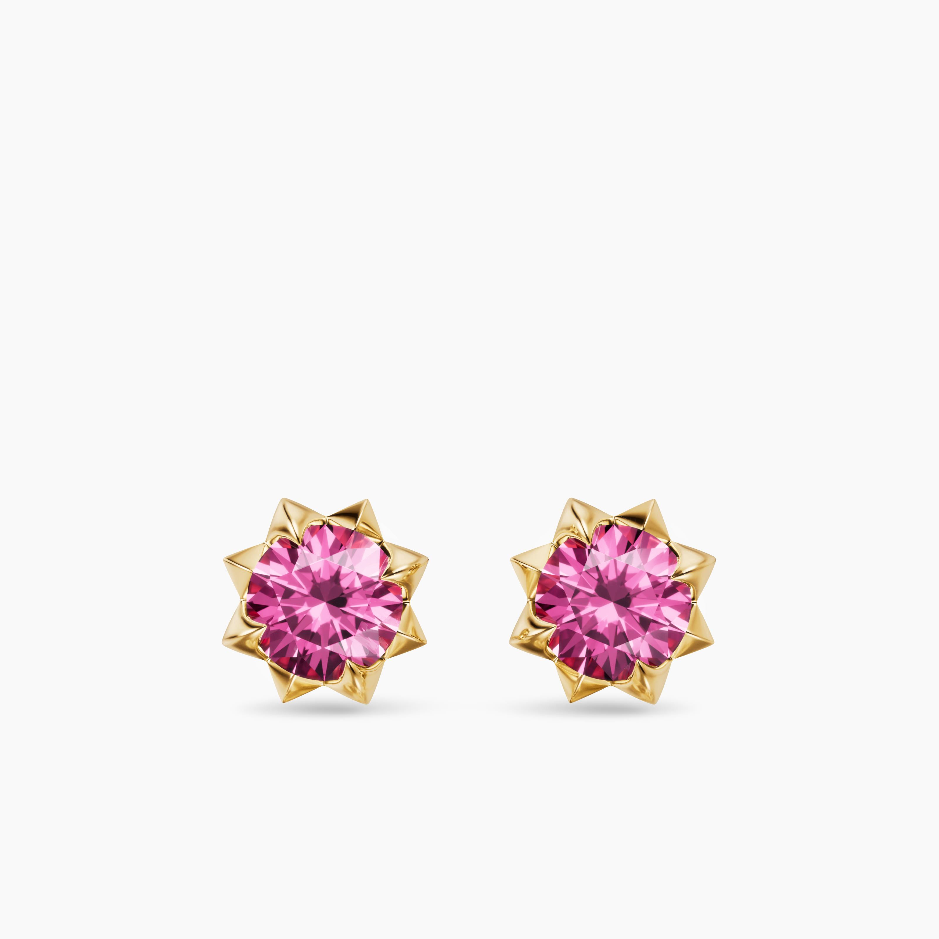 Womens Petite Pav&eacute; Stud Earrings in 18K Yellow Gold with Pink Sapphires, 5mm