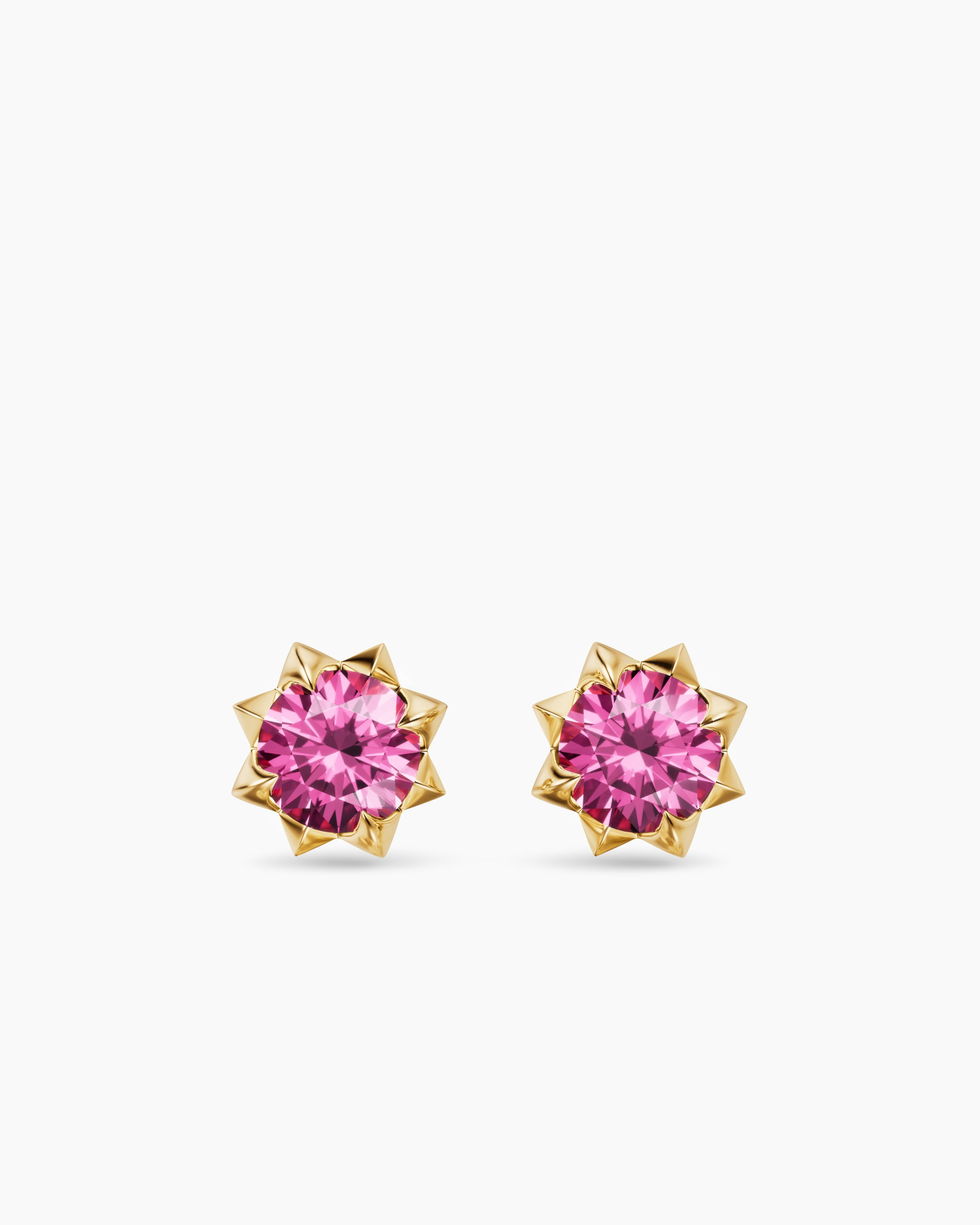 Womens Petite Pav&eacute; Stud Earrings in 18K Yellow Gold with Pink Sapphires, 5mm