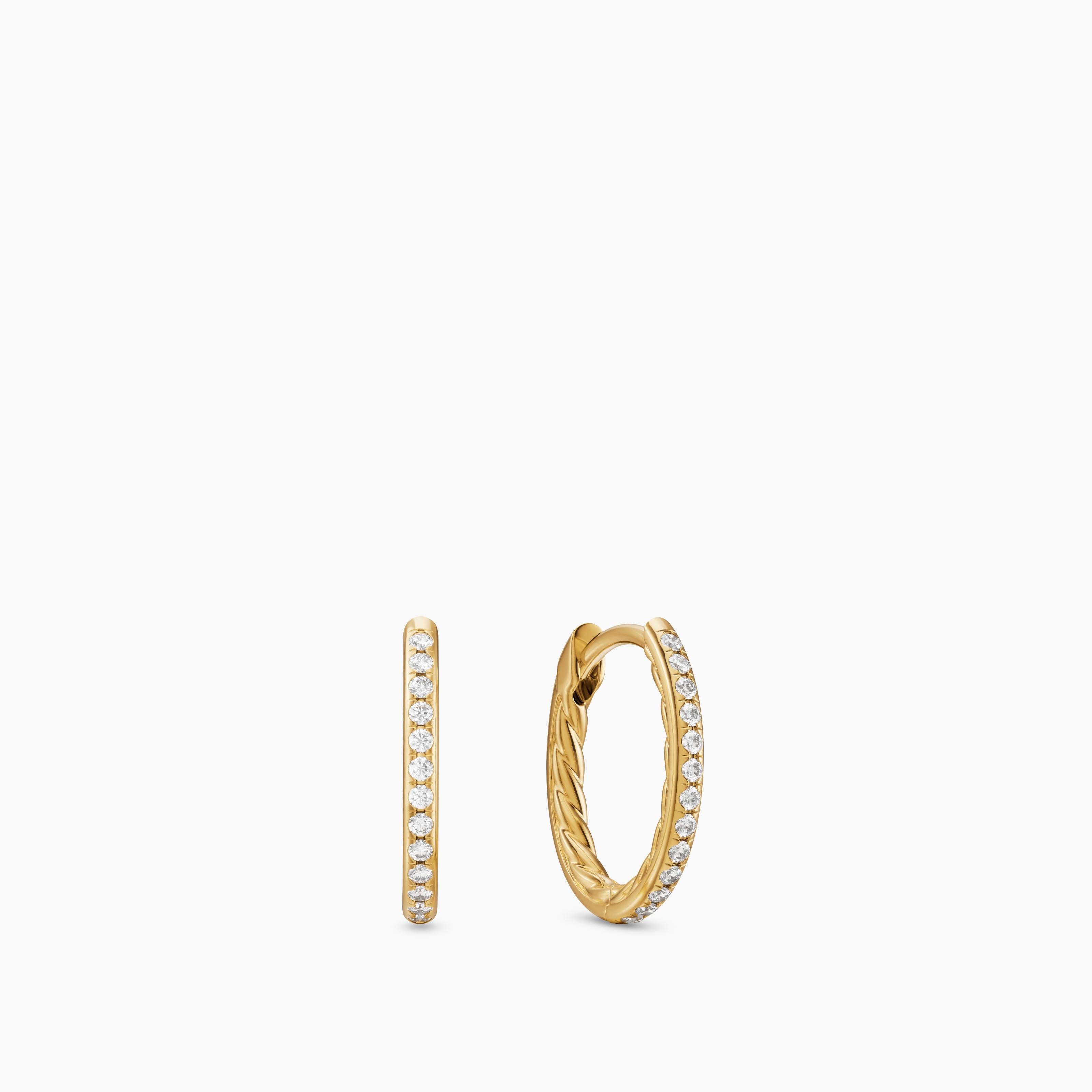 Womens Petite Pav&eacute; Hoop Earrings in 18K Yellow Gold with Diamonds, 12.7mm