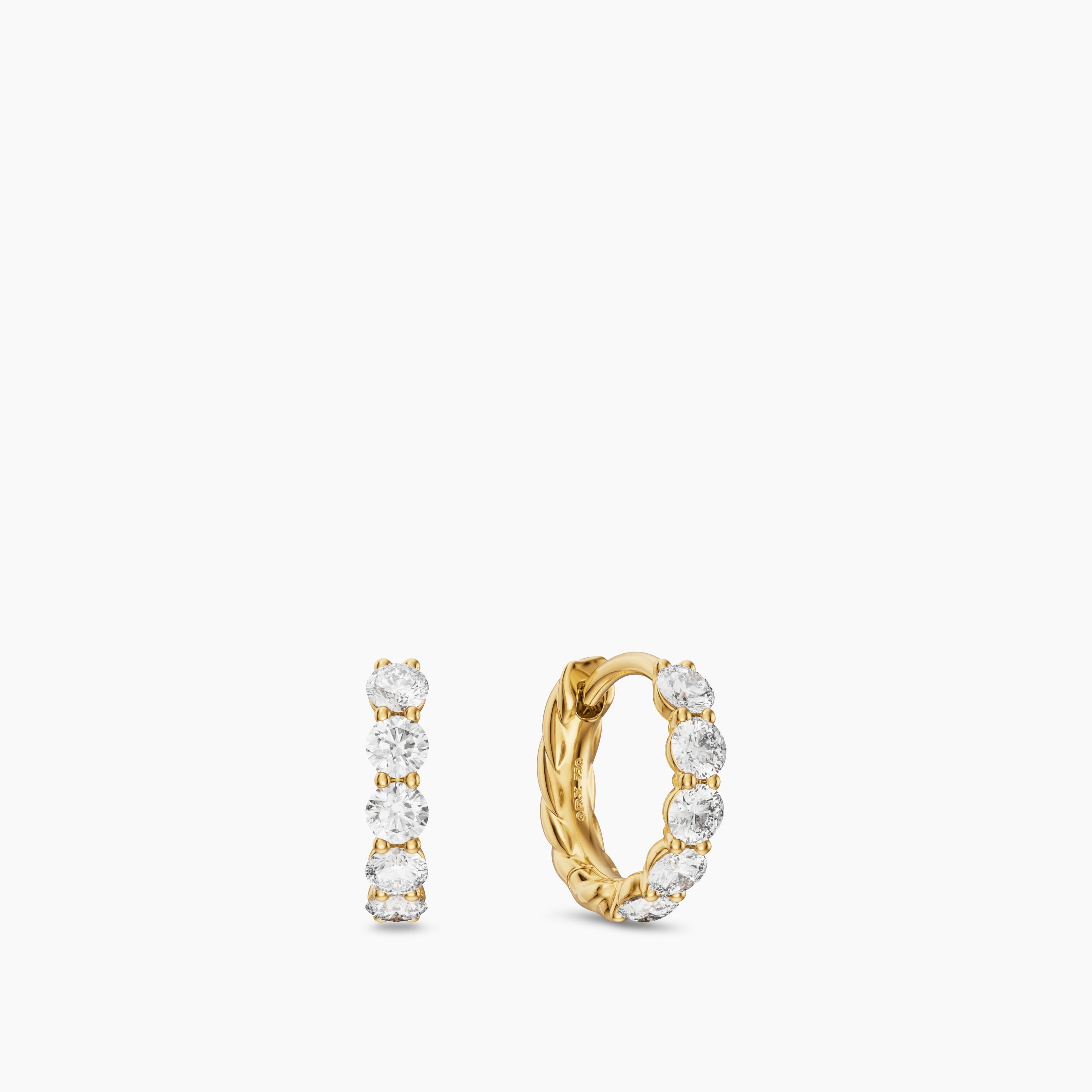 Womens Petite Pav&eacute; Hoop Earrings in 18K Yellow Gold with Diamonds, 10.2mm