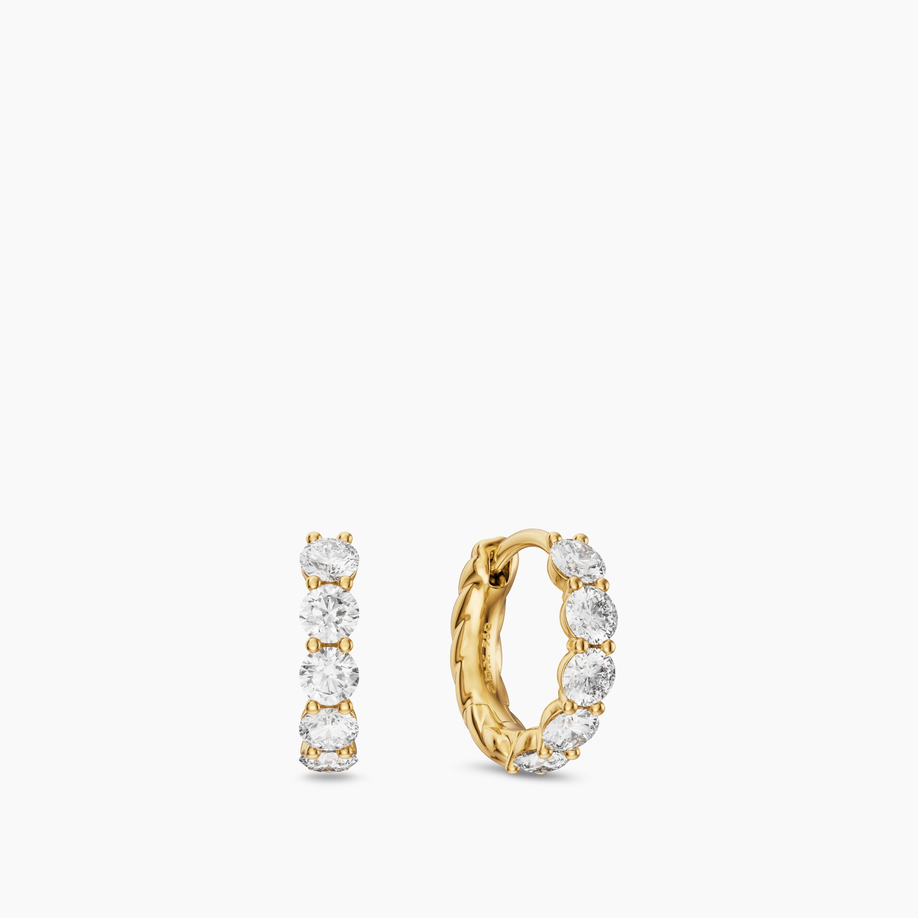 Womens Petite Pav&eacute; Hoop Earrings in 18K Yellow Gold with Diamonds, 11.6mm