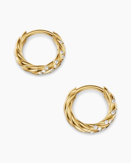 Womens Petite Pavé Hoop Earrings in 18K Yellow Gold with Diamonds, 10mm