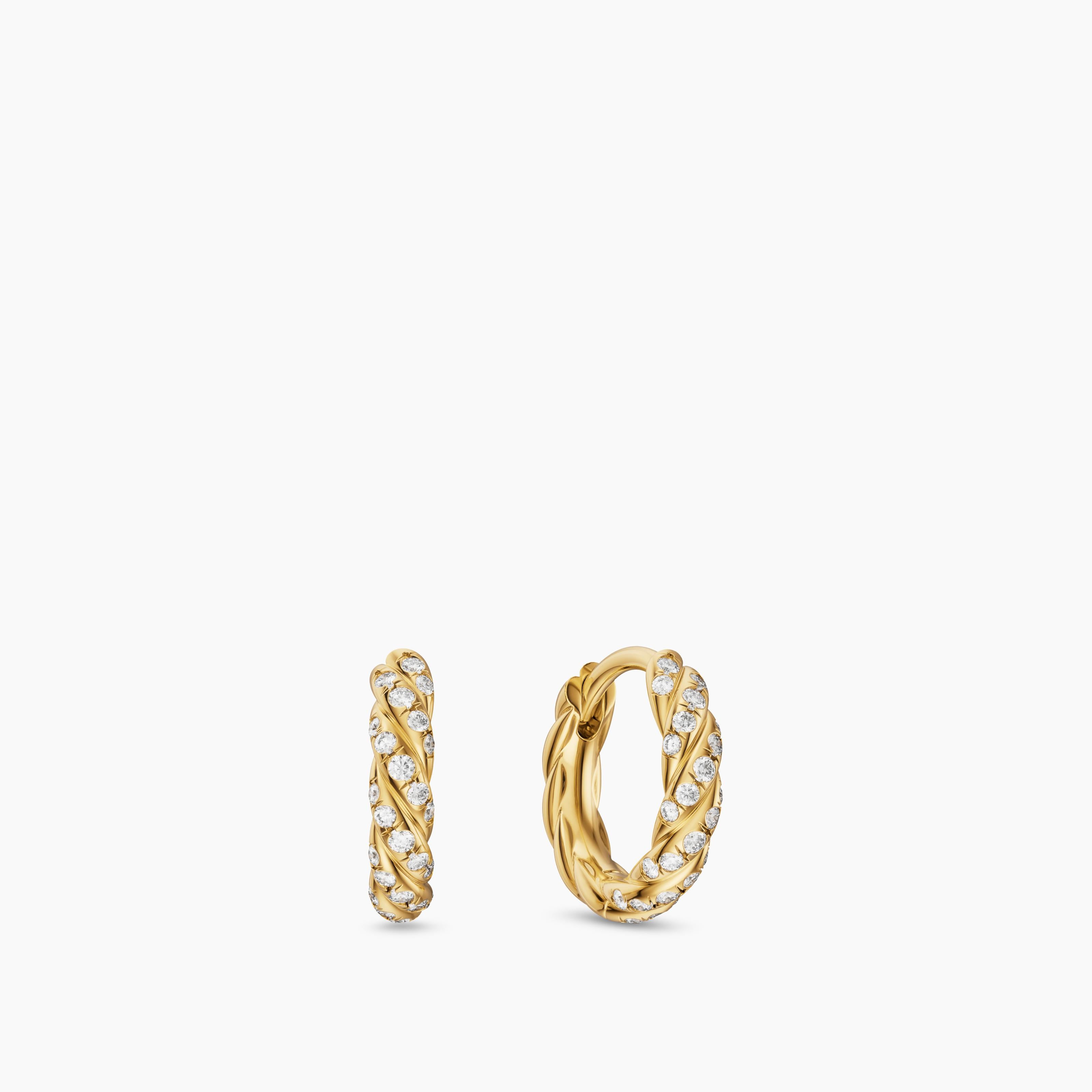 Womens Petite Pav&eacute; Hoop Earrings in 18K Yellow Gold with Diamonds, 10mm
