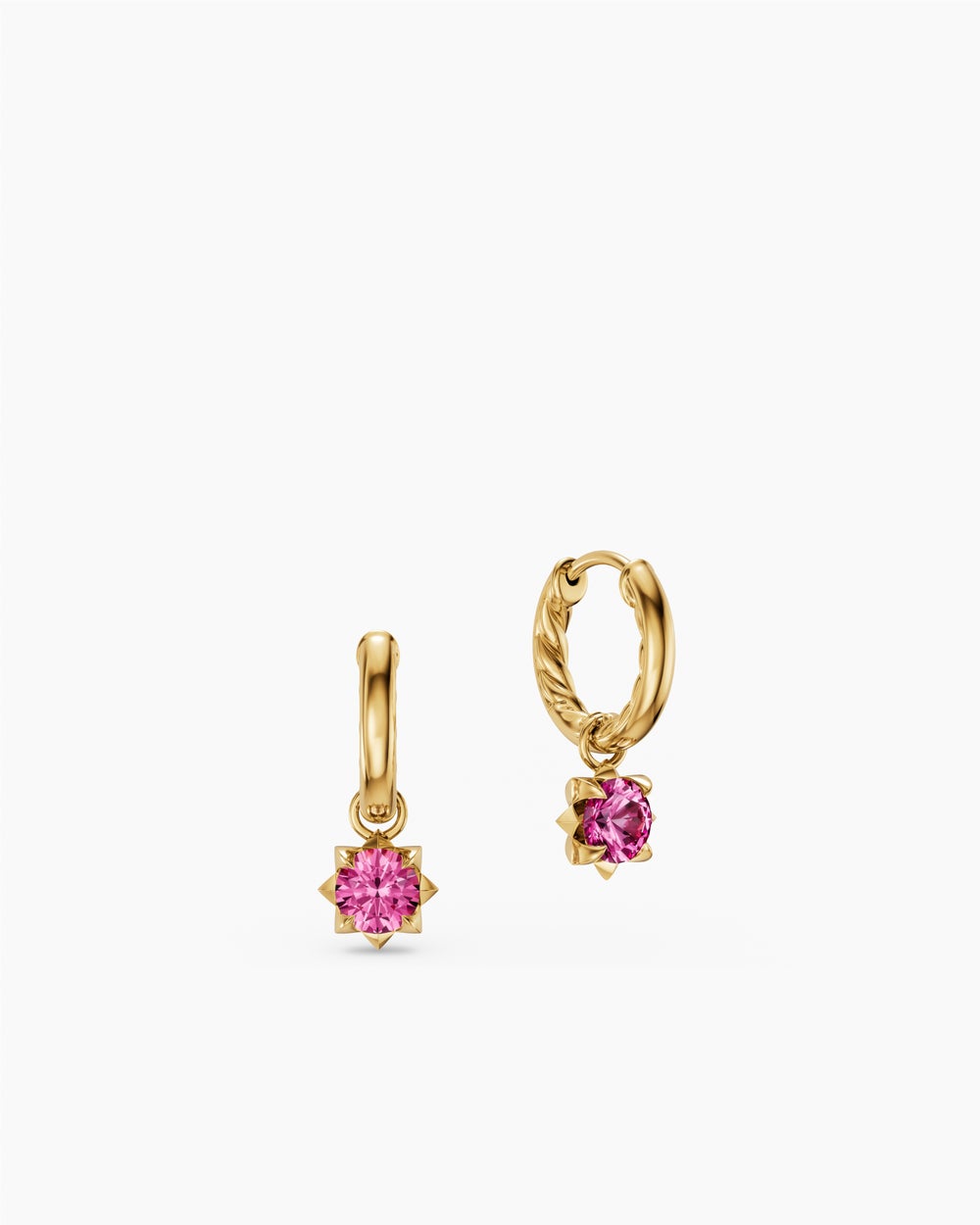 Womens Petite Pavé Stone Drop Earrings in 18K Yellow Gold with Pink Sapphires, 4.5mm