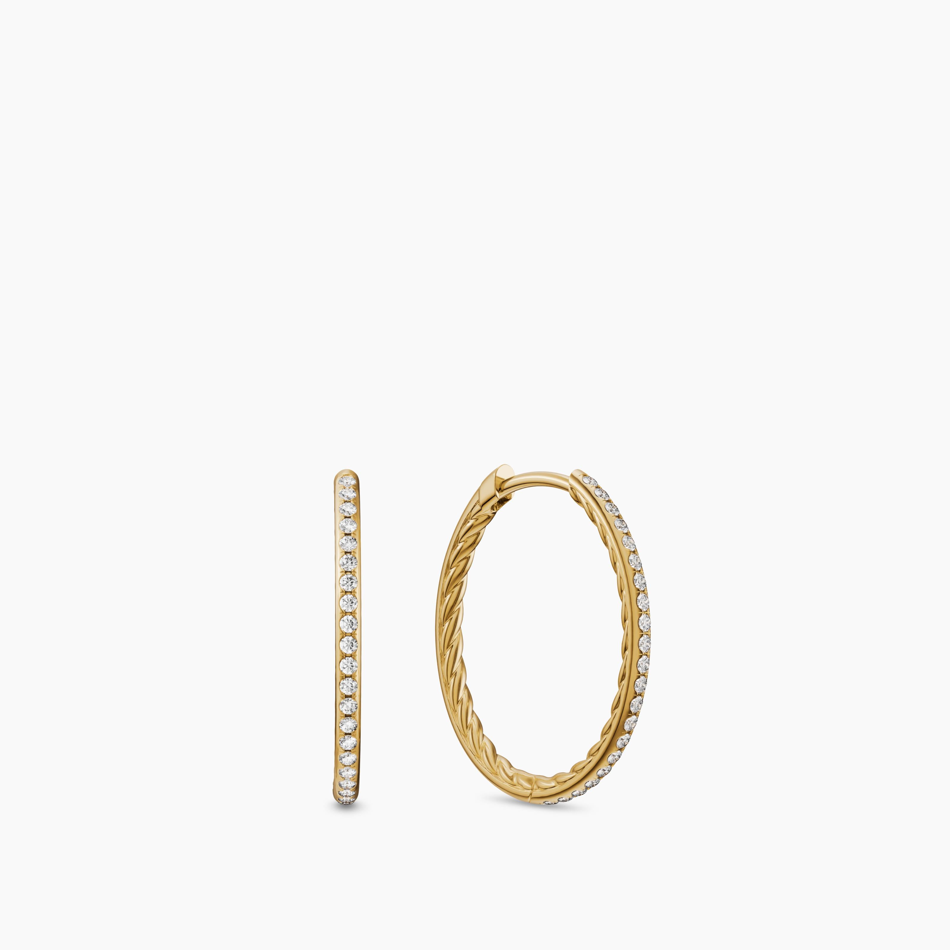 Womens Petite Pav&eacute; Hoop Earrings in 18K Yellow Gold with Diamonds, 19.3mm