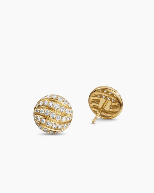 Womens Sculpted Cable Stud Earrings in 18K Yellow Gold with Diamonds, 9mm