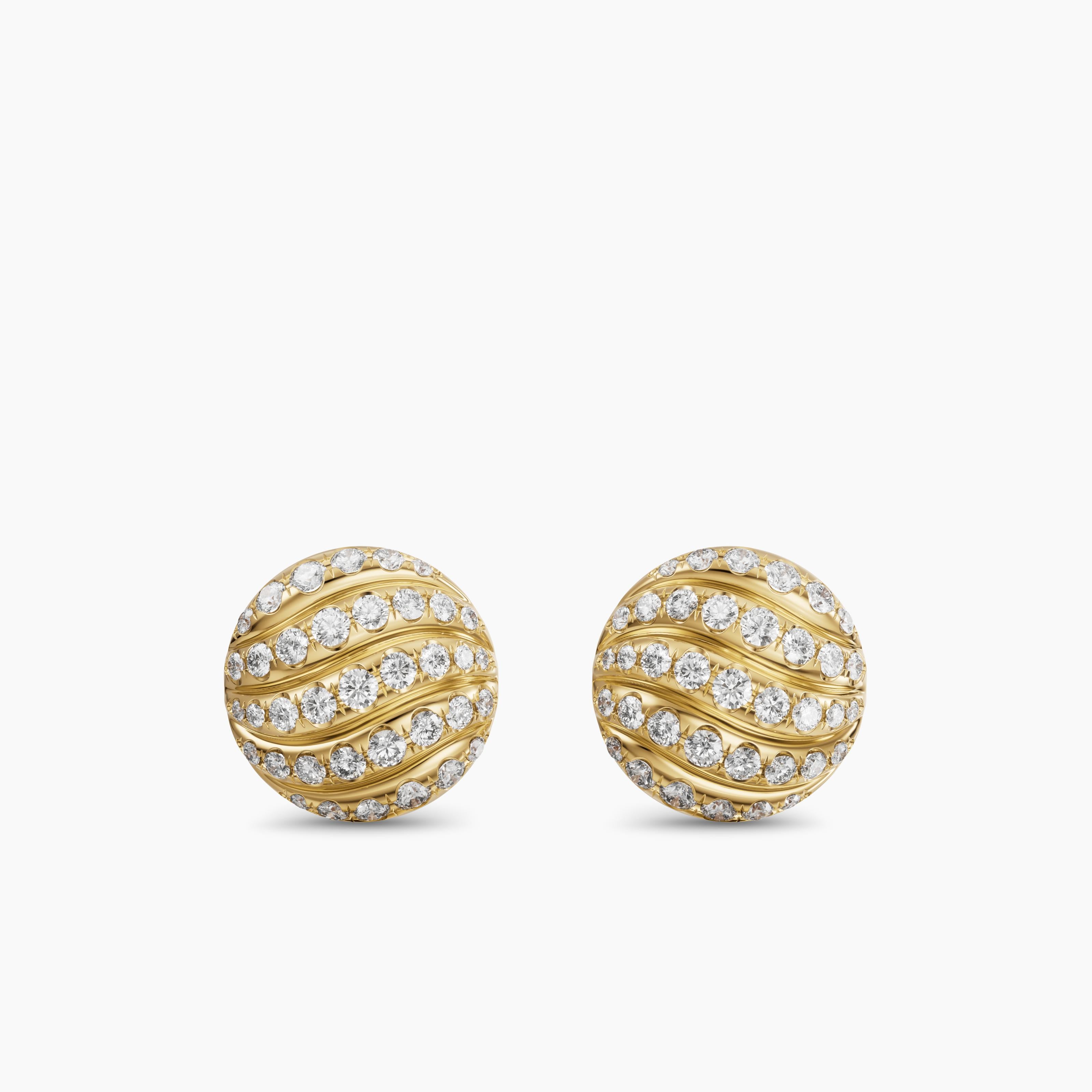 Womens Sculpted Cable Stud Earrings in 18K Yellow Gold with Diamonds, 9mm