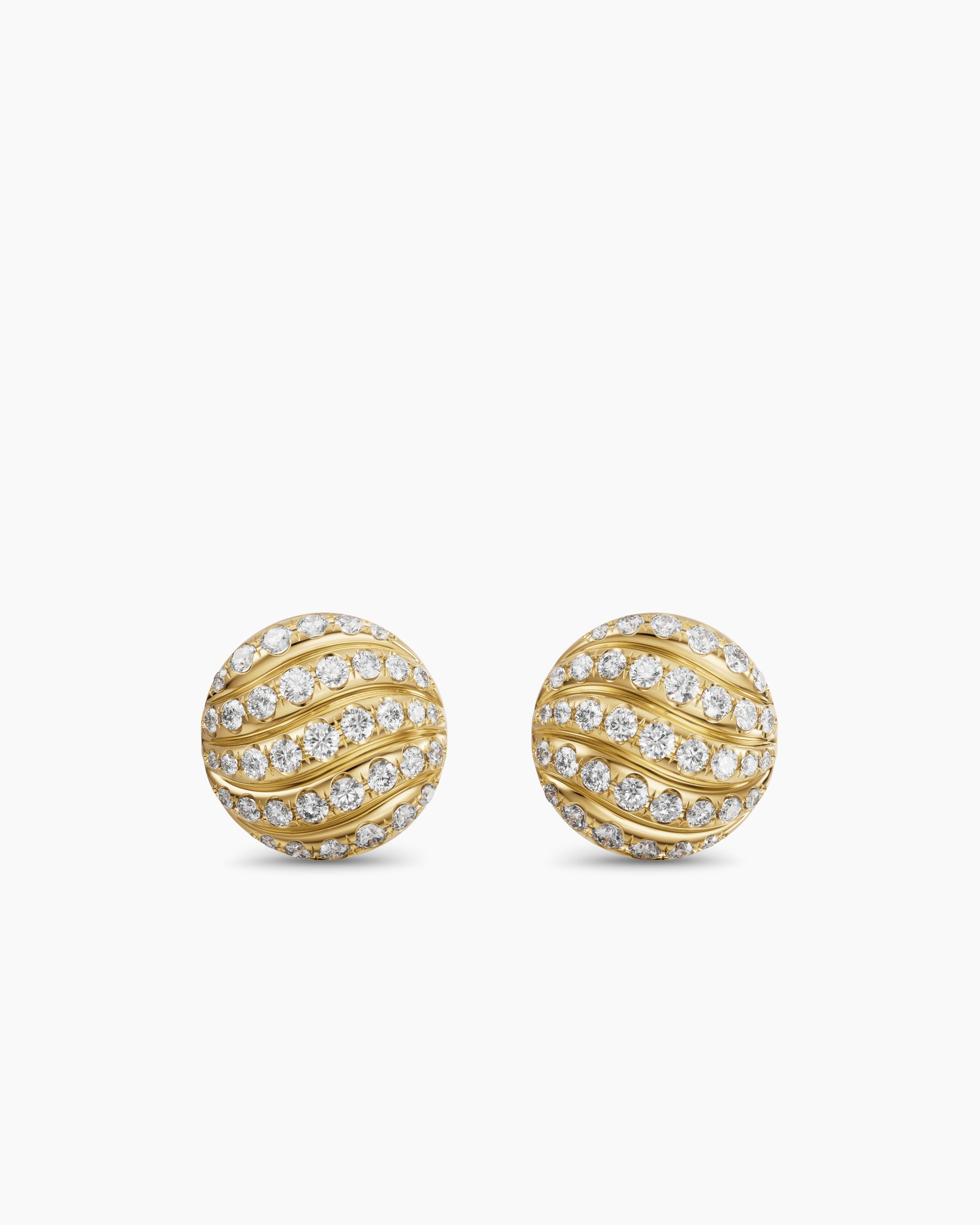 Womens Sculpted Cable Stud Earrings in 18K Yellow Gold with Diamonds, 9mm