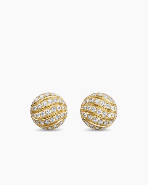 Womens Sculpted Cable Stud Earrings in 18K Yellow Gold with Diamonds, 9mm