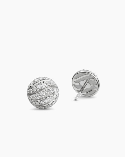 Womens Sculpted Cable Stud Earrings in Sterling Silver with Diamonds, 9mm