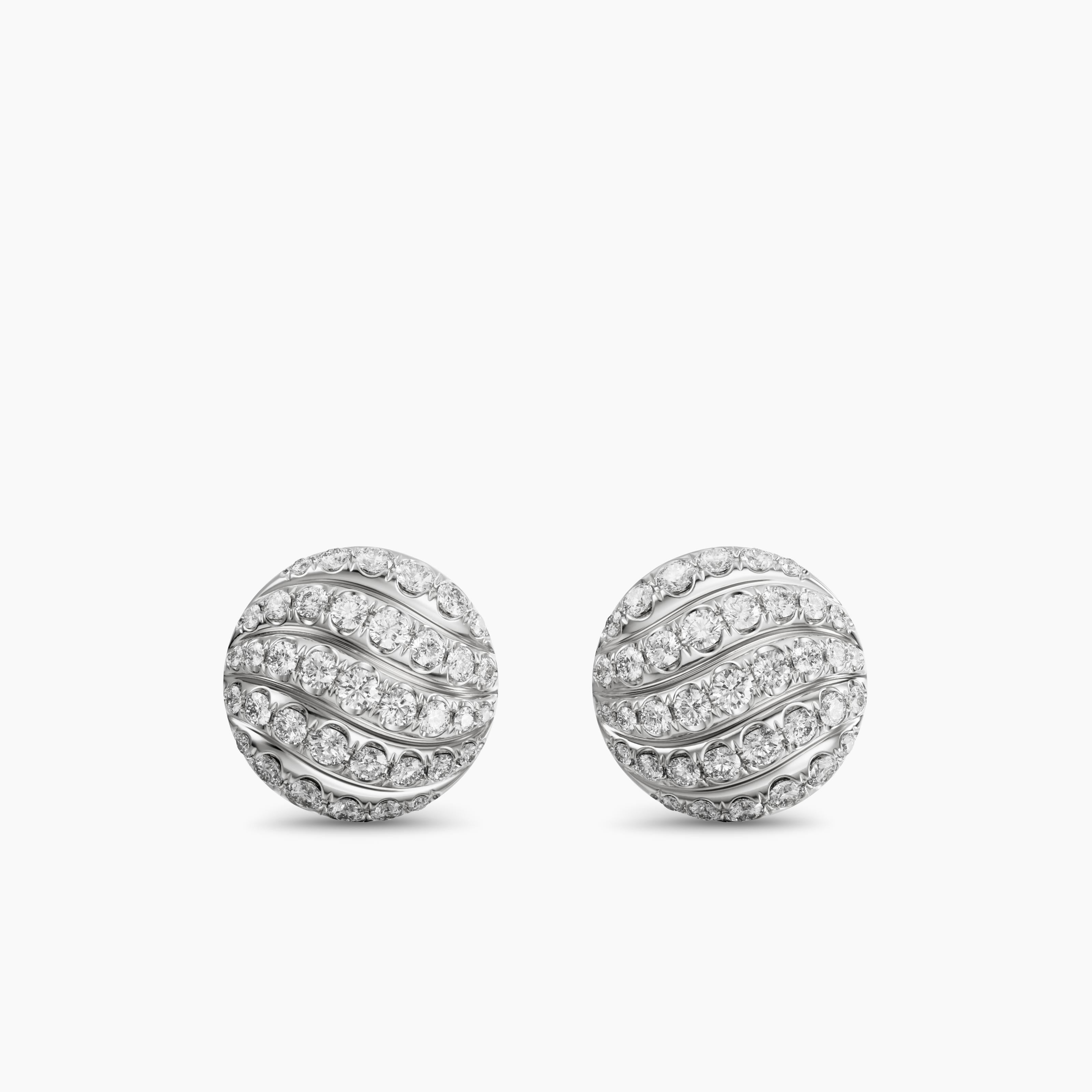 Womens Sculpted Cable Stud Earrings in Sterling Silver with Diamonds, 9mm