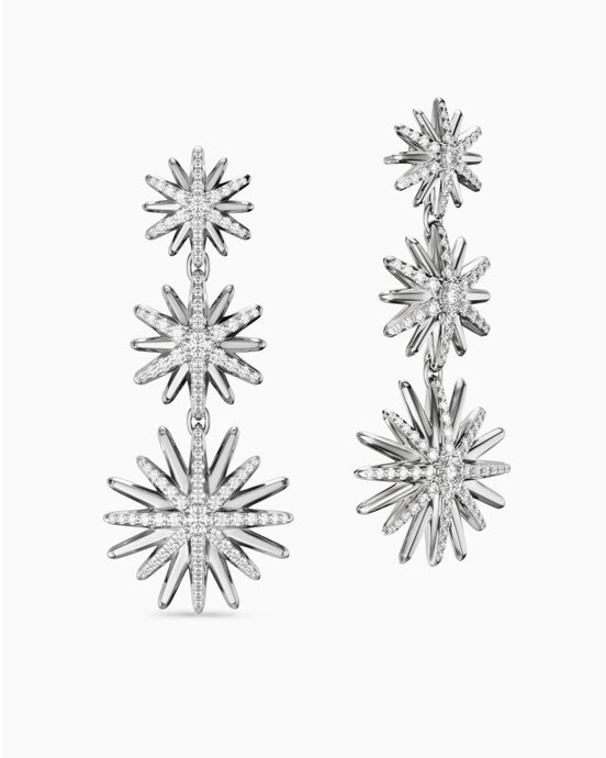 Convertible Triple Drop Starburst Earrings in Sterling Silver with Diamonds, 50.6mm