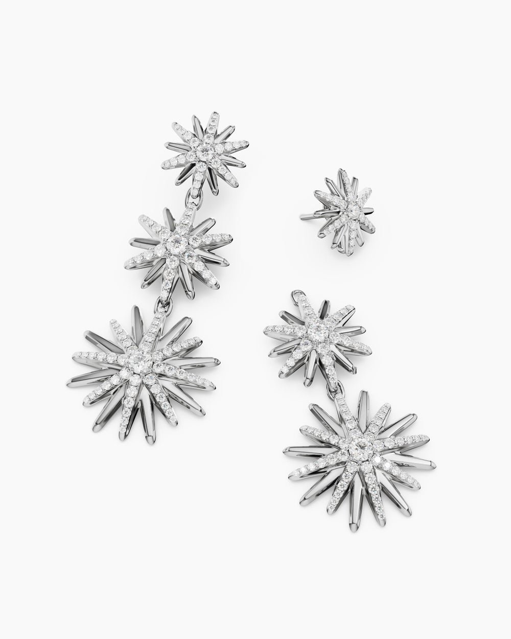 Womens Convertible Triple Drop Starburst Earrings in Sterling Silver with Diamonds, 50.6mm