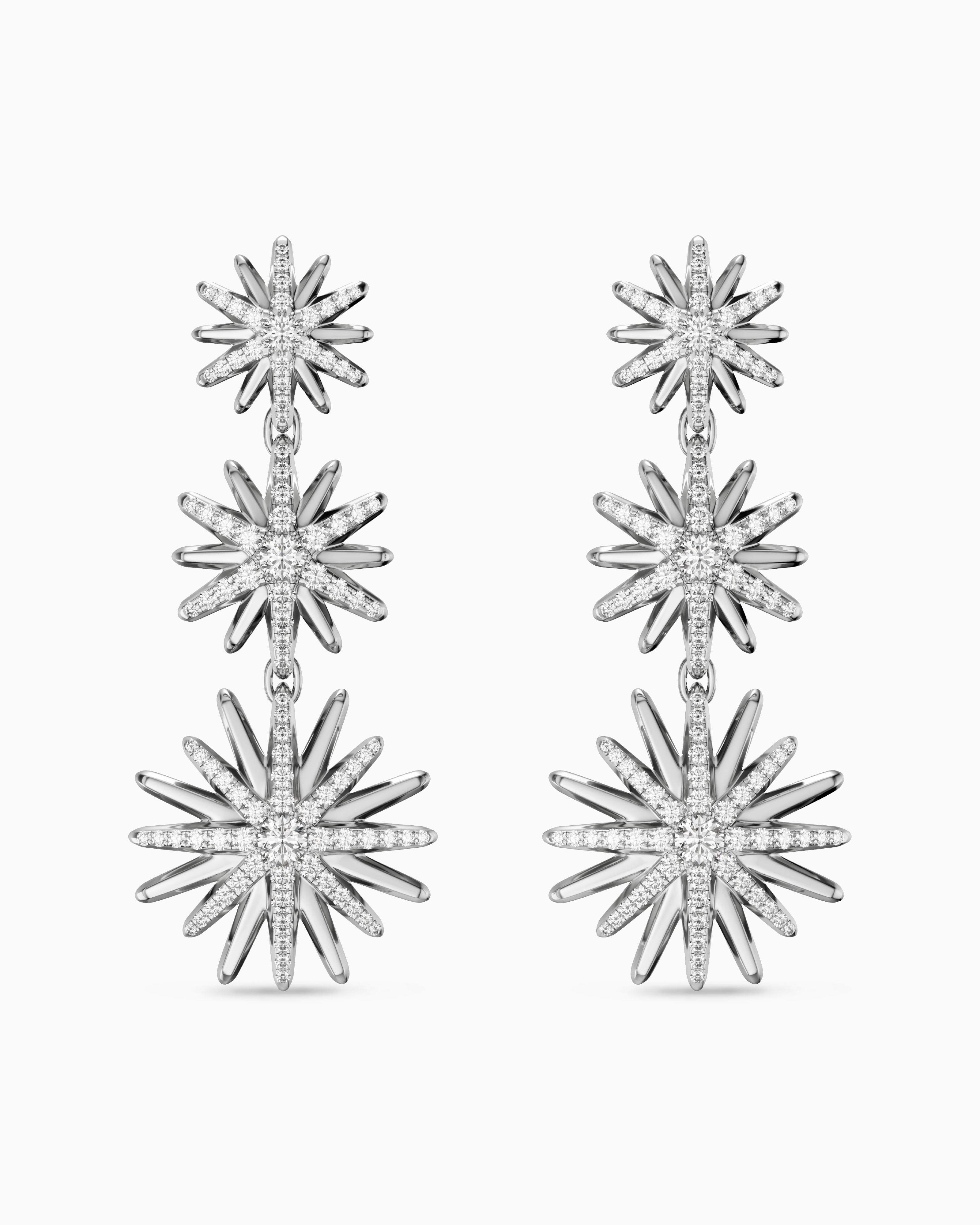 Womens Convertible Triple Drop Starburst Earrings in Sterling Silver with Diamonds, 50.6mm
