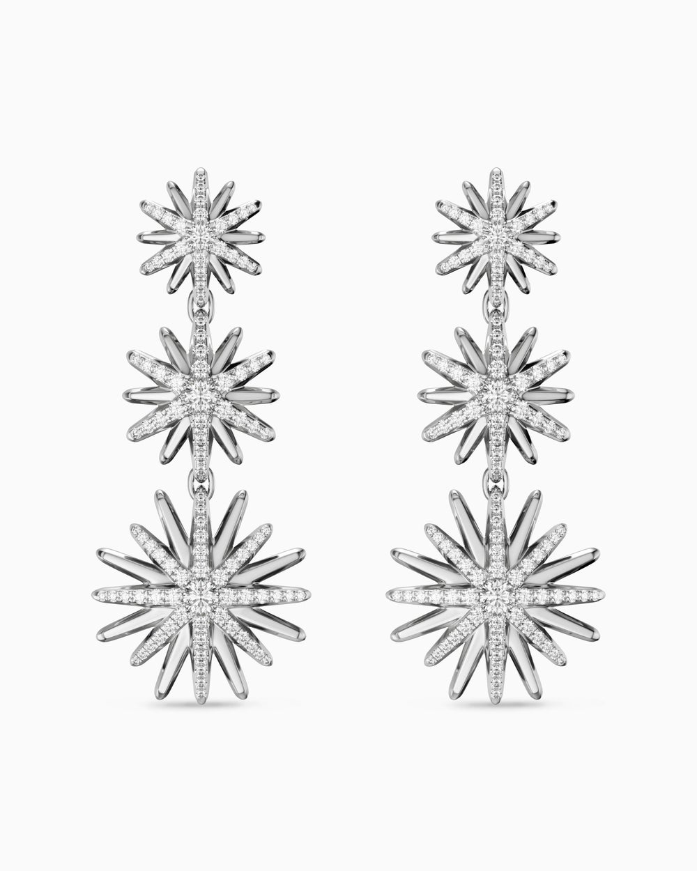 Womens Convertible Triple Drop Starburst Earrings in Sterling Silver with Diamonds, 50.6mm