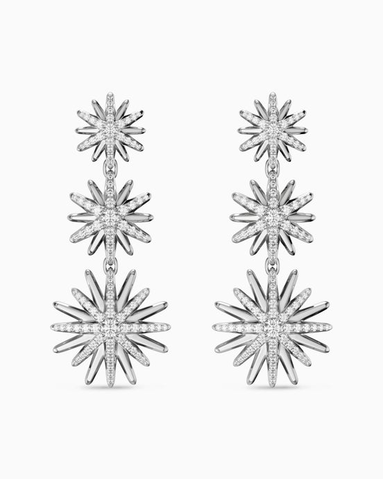 Convertible Triple Drop Starburst Earrings in Sterling Silver with Diamonds, 50.6mm