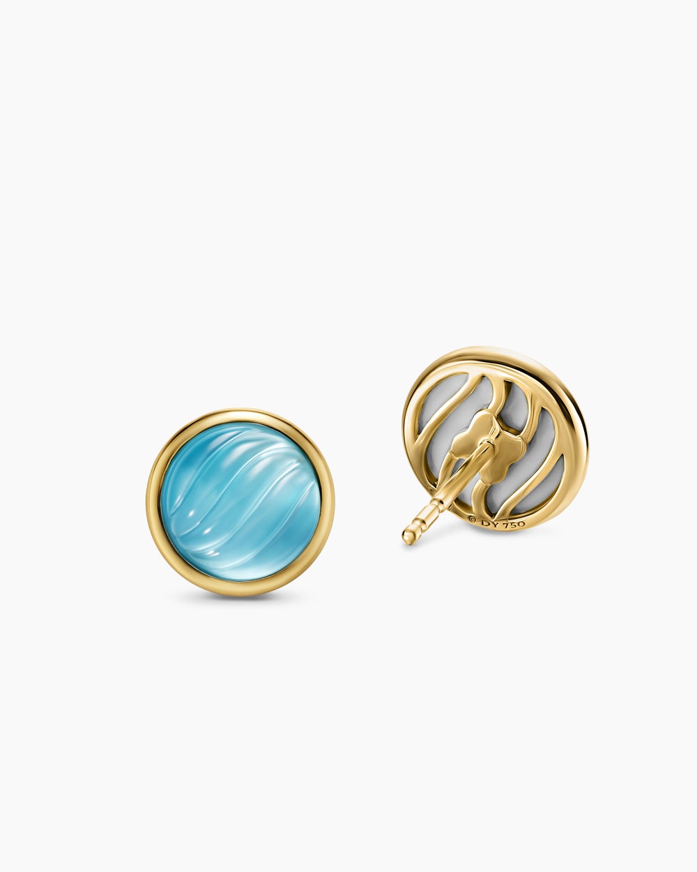 Womens Sculpted Cable Stud Earrings in 18K Yellow Gold with Blue Topaz and Mother of Pearl, 10.3mm