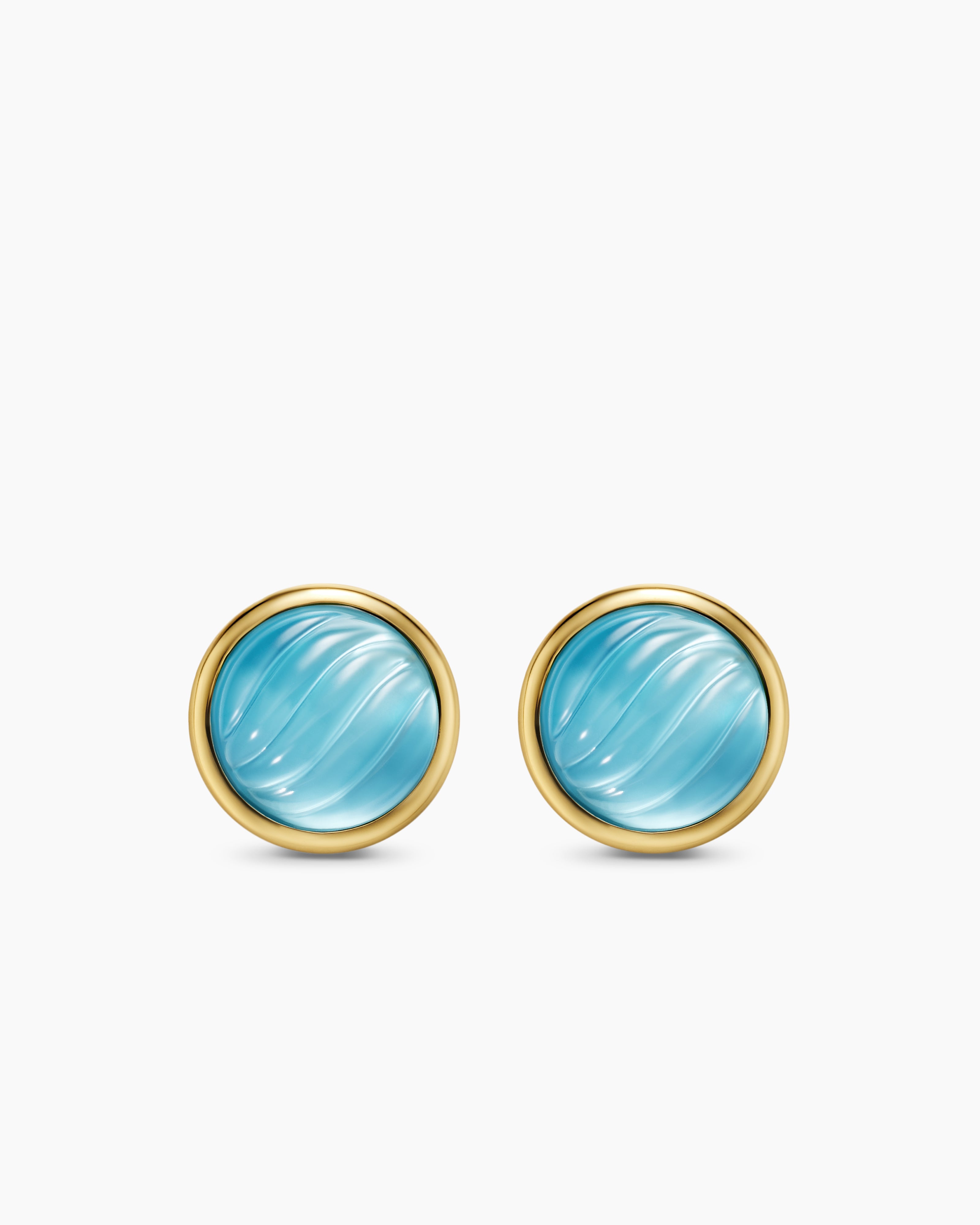 Womens Sculpted Cable Stud Earrings in 18K Yellow Gold with Blue Topaz and Mother of Pearl, 10.3mm