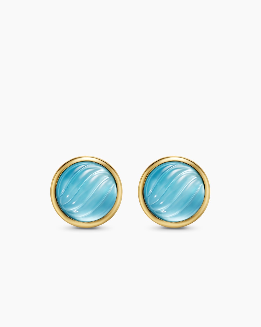 Womens Sculpted Cable Stud Earrings in 18K Yellow Gold with Blue Topaz and Mother of Pearl, 10.3mm