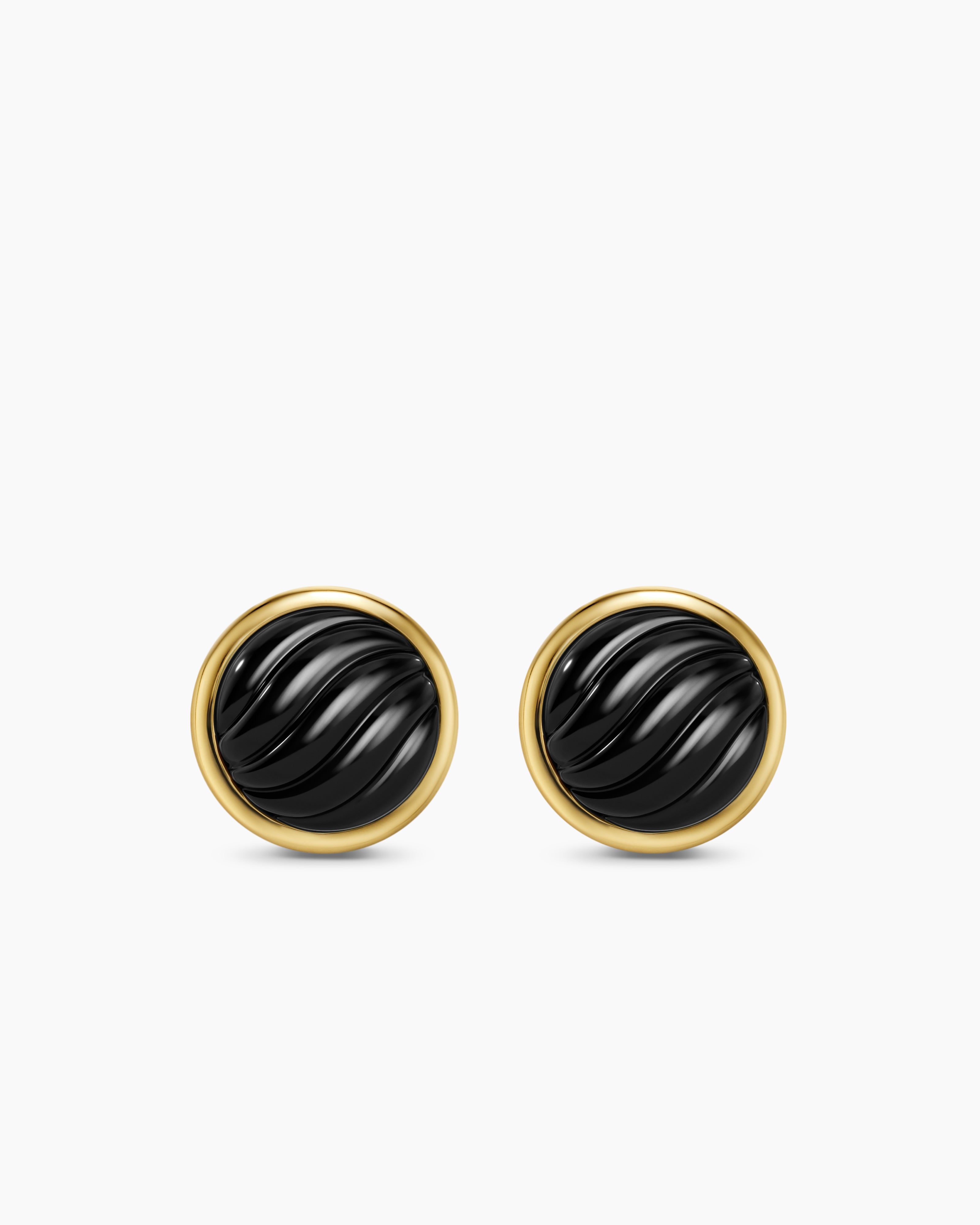 Womens Sculpted Cable Stud Earrings in 18K Yellow Gold with Black Onyx, 10.3mm