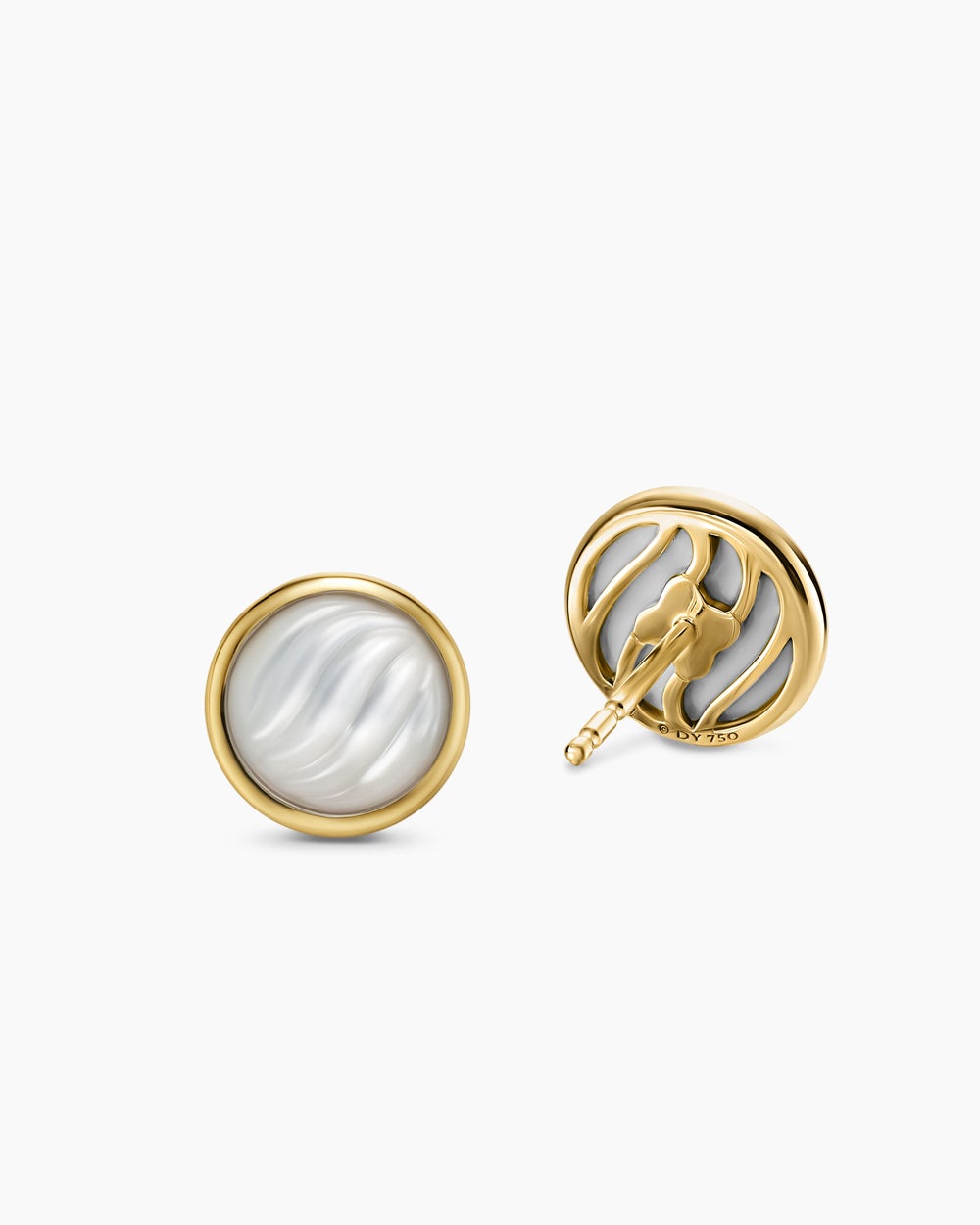Womens Sculpted Cable Stud Earrings in 18K Yellow Gold with Mother of Pearl, 10.3mm