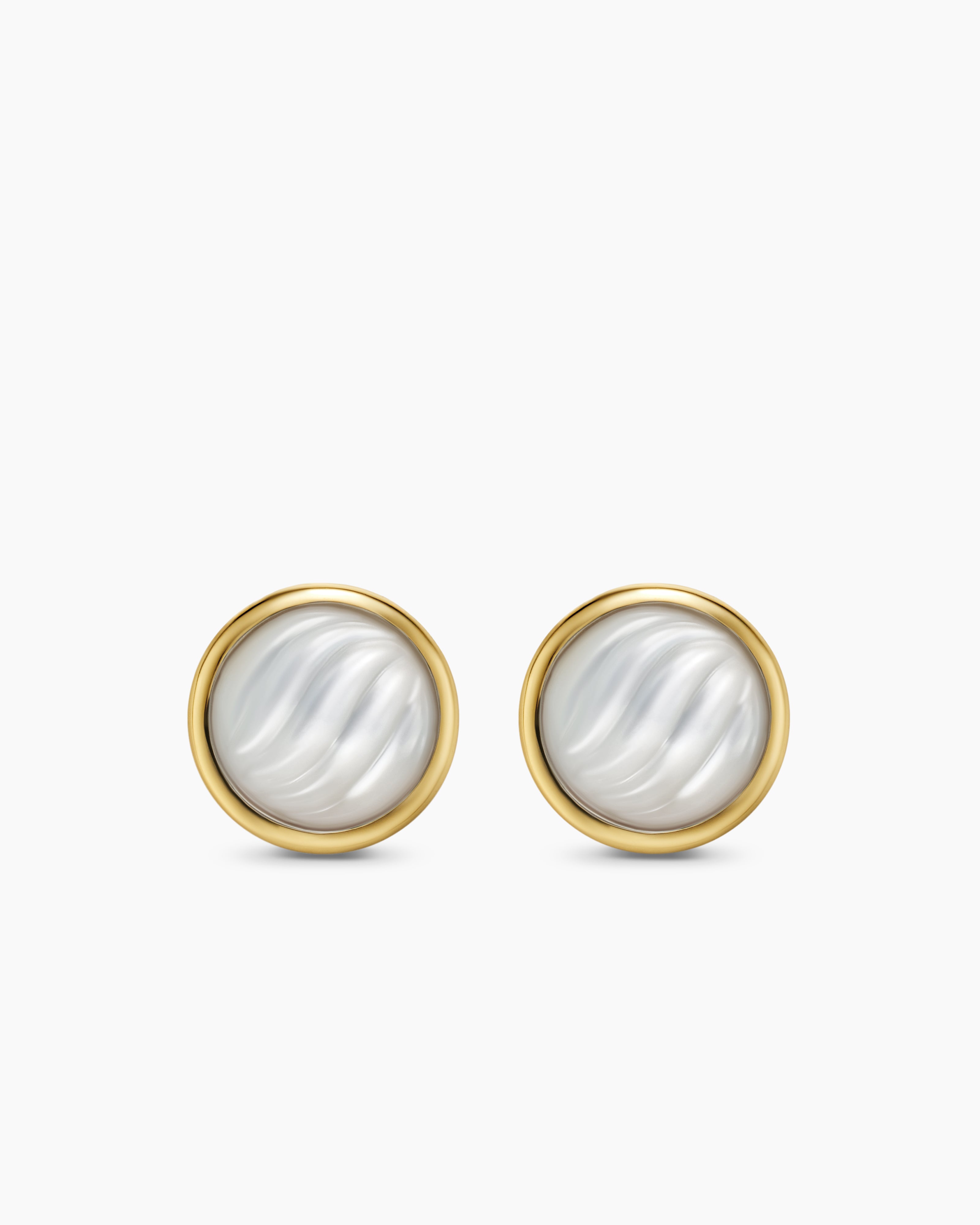 Womens Sculpted Cable Stud Earrings in 18K Yellow Gold with Mother of Pearl, 10.3mm