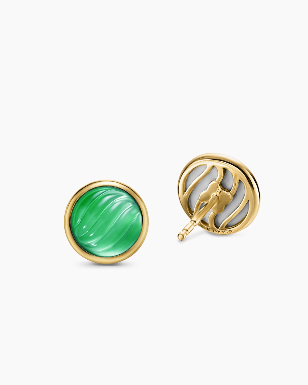 Womens Sculpted Cable Stud Earrings in 18K Yellow Gold with Green Onyx and Mother of Pearl, 10.3mm