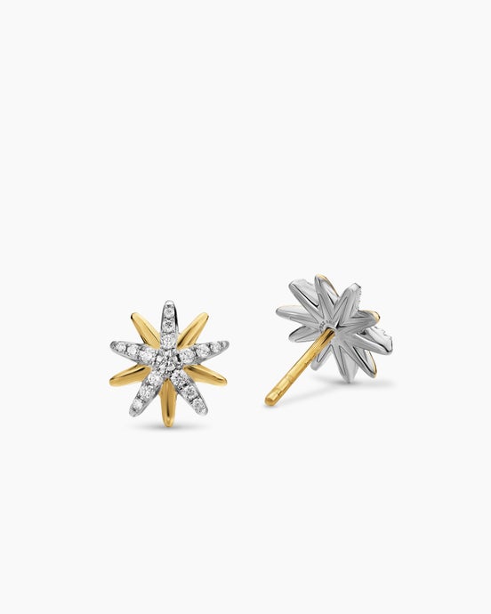 Starburst Stud Earrings in Sterling Silver with 18K Yellow Gold with Diamonds, 10.6mm
