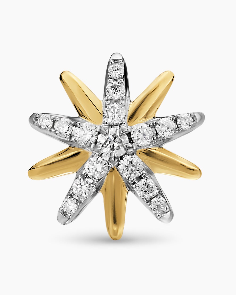 Womens Starburst Stud Earrings in Sterling Silver with 18K Yellow Gold with Diamonds, 10.6mm