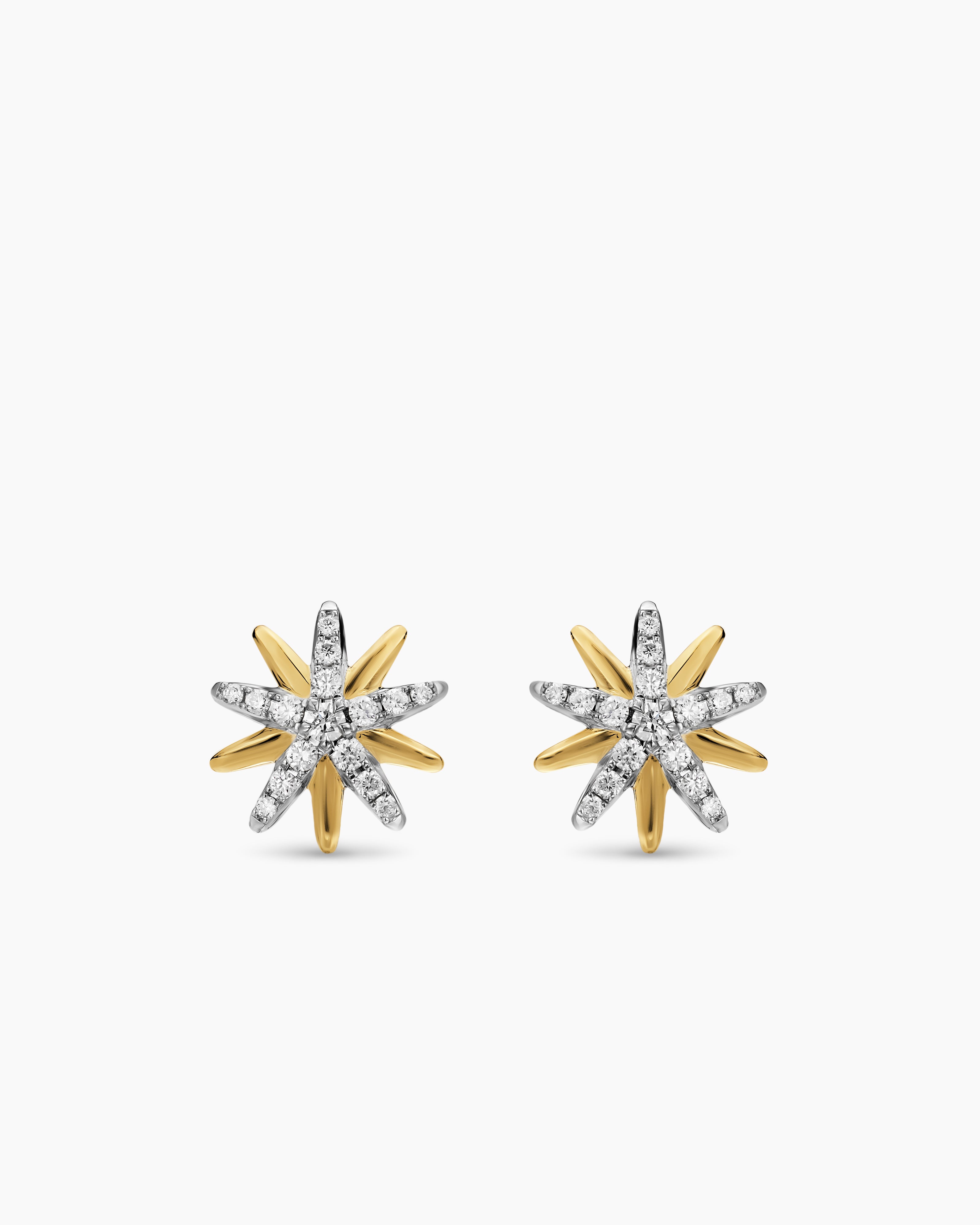 Womens Starburst Stud Earrings in Sterling Silver with 18K Yellow Gold with Diamonds, 10.6mm