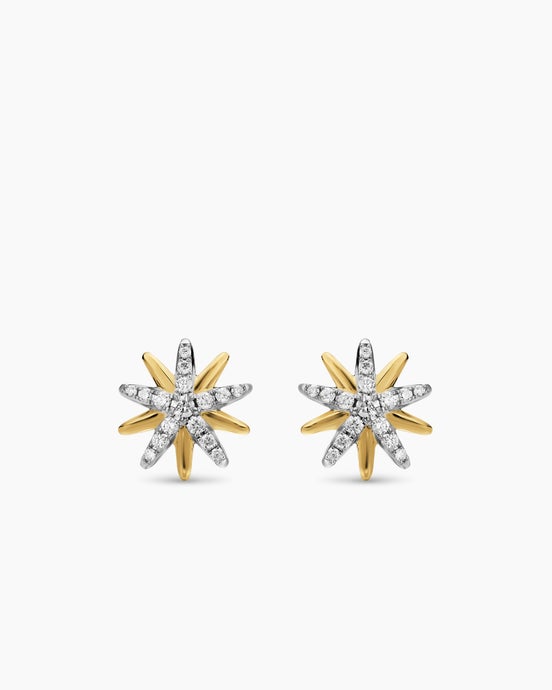 Starburst Stud Earrings in Sterling Silver with 18K Yellow Gold with Diamonds, 10.6mm